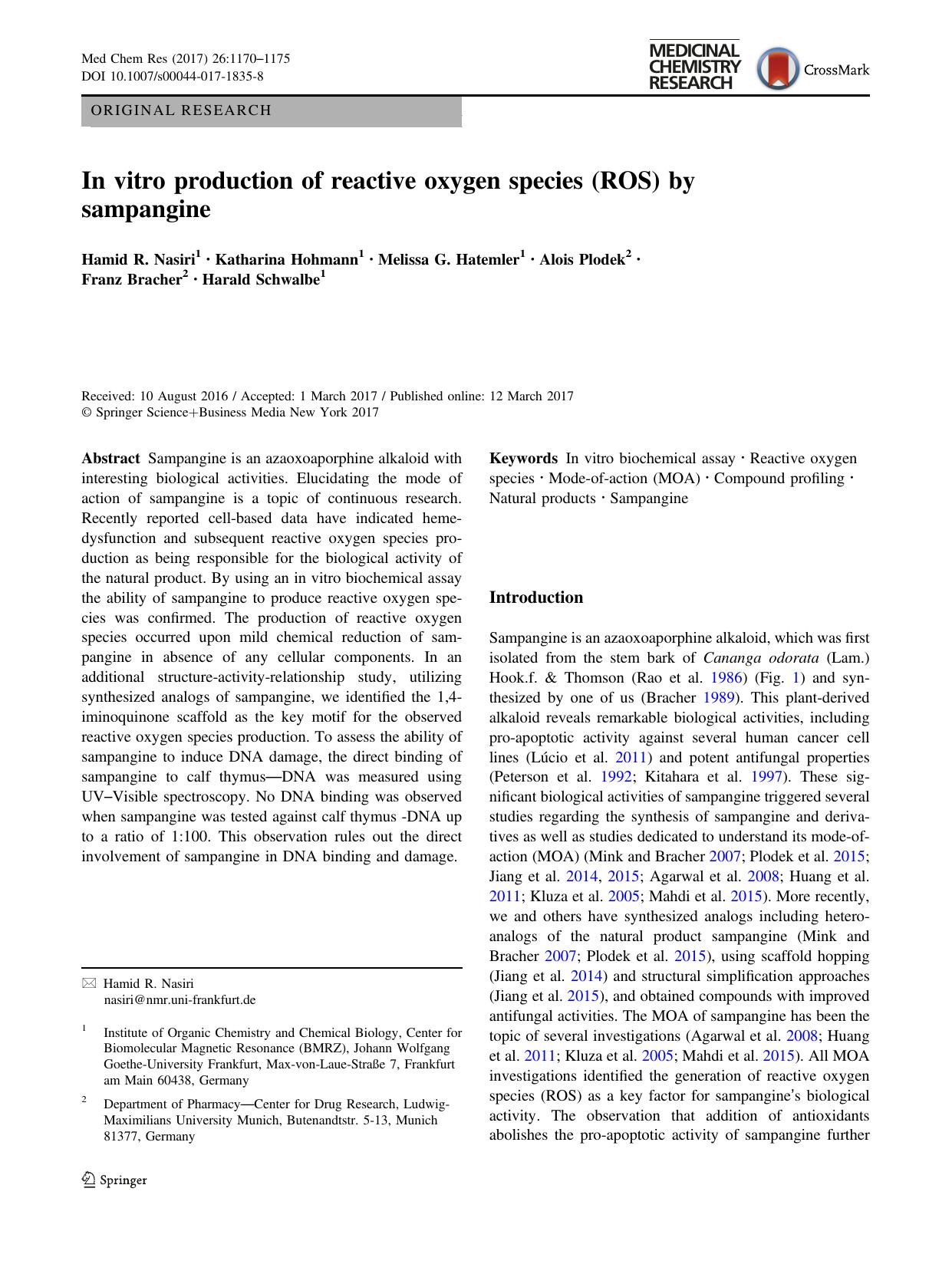 In vitro production of reactive oxygen species (ROS) by sampangine by unknow