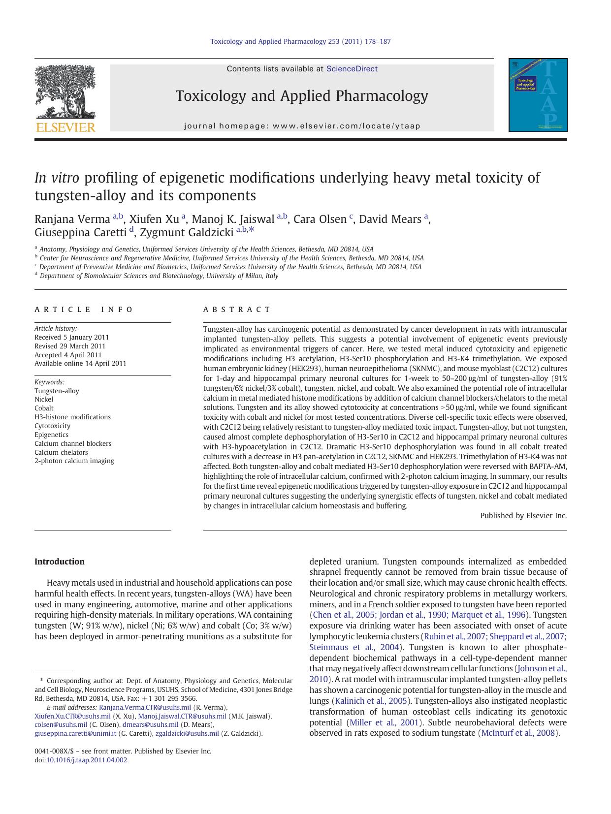 In vitro profiling of epigenetic modifications underlying heavy metal toxicity of tungsten-alloy and its components by Ranjana Verma