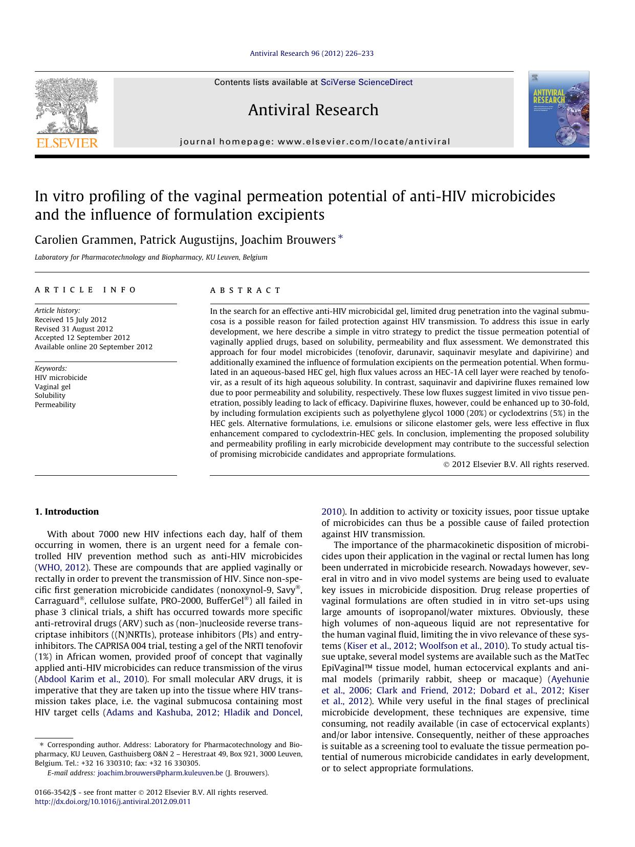 In vitro profiling of the vaginal permeation potential of anti-HIV microbicides and the influence of formulation excipients by Carolien Grammen & Patrick Augustijns & Joachim Brouwers