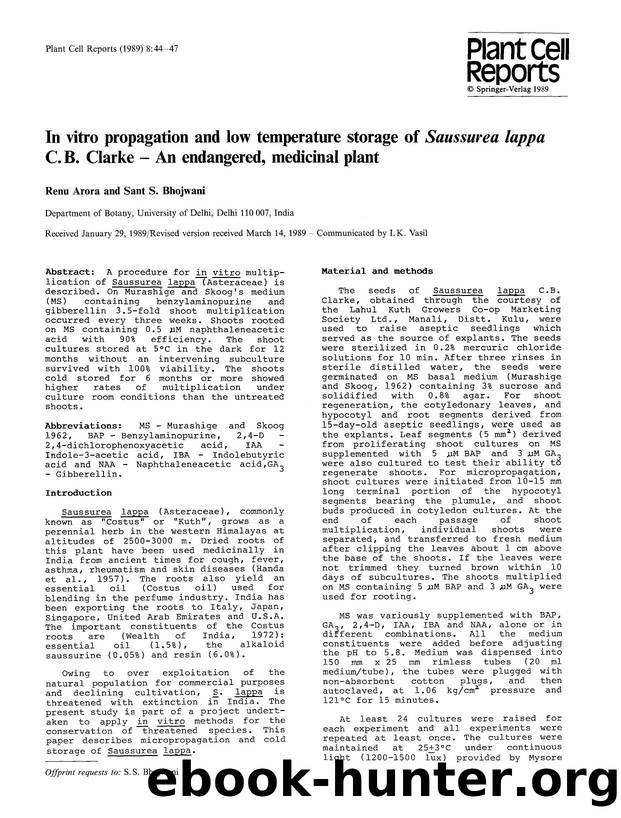 In vitro propagation and low temperature storage of <Emphasis Type="Italic">Saussurea lappa <Emphasis> C.B. Clarke &#x2014; An endangered, medicinal plant by Unknown