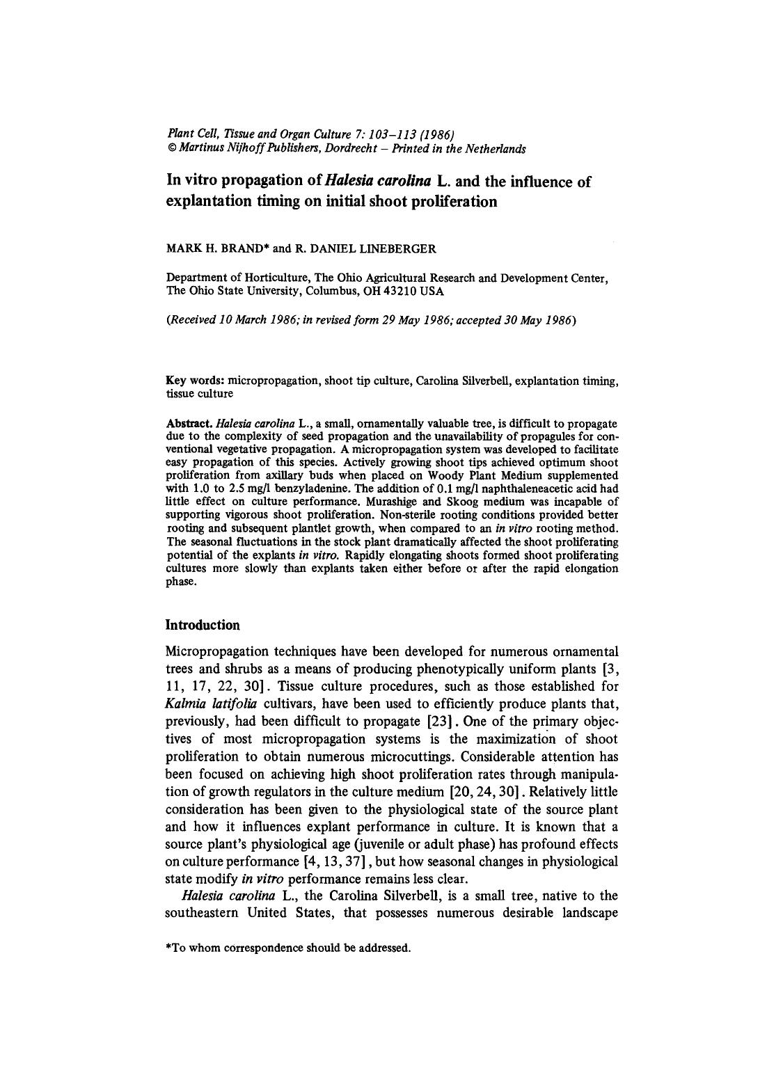 In vitro propagation of <Emphasis Type="Italic">Halesia carolina <Emphasis> L. and the influence of explantation timing on initial shoot proliferation by Unknown