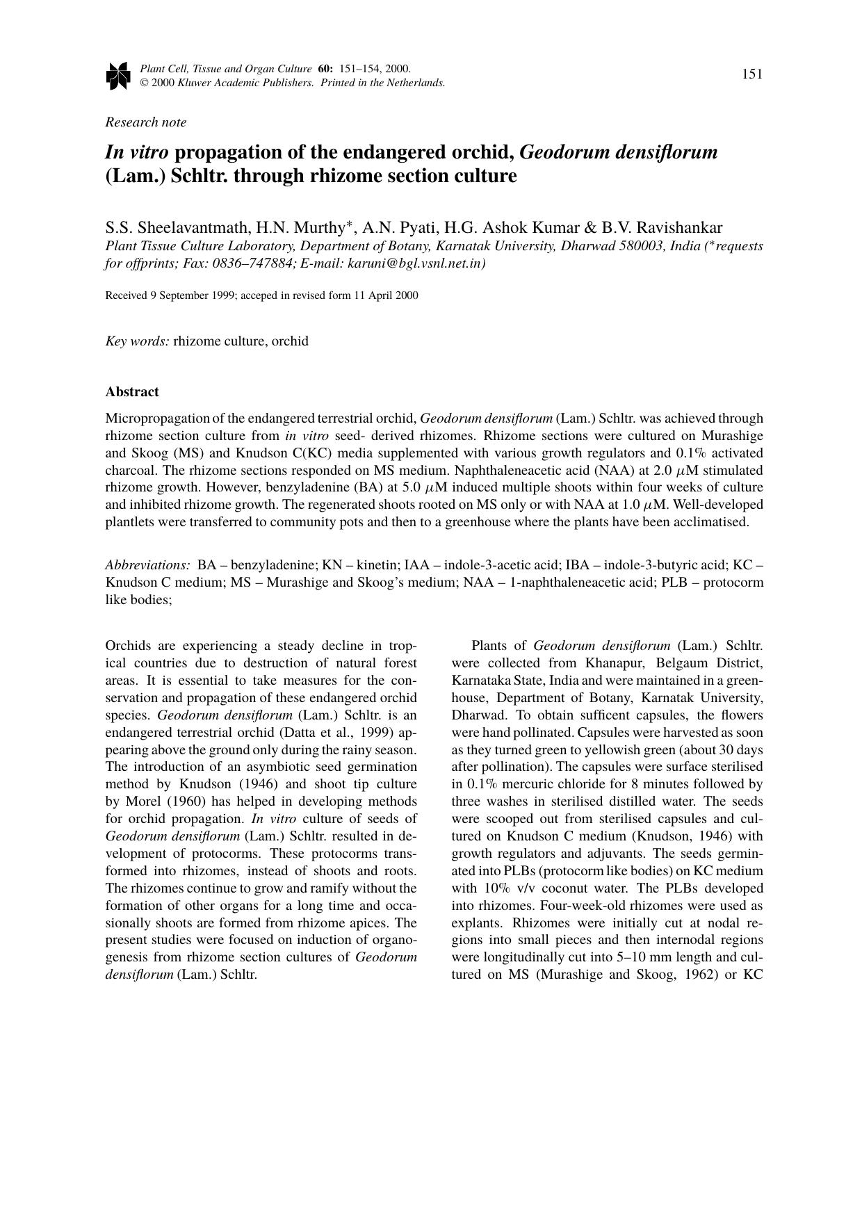 In vitro propagation of the endangered orchid, Geodorum densiflorum (Lam.) Schltr. through rhizome section culture by Unknown
