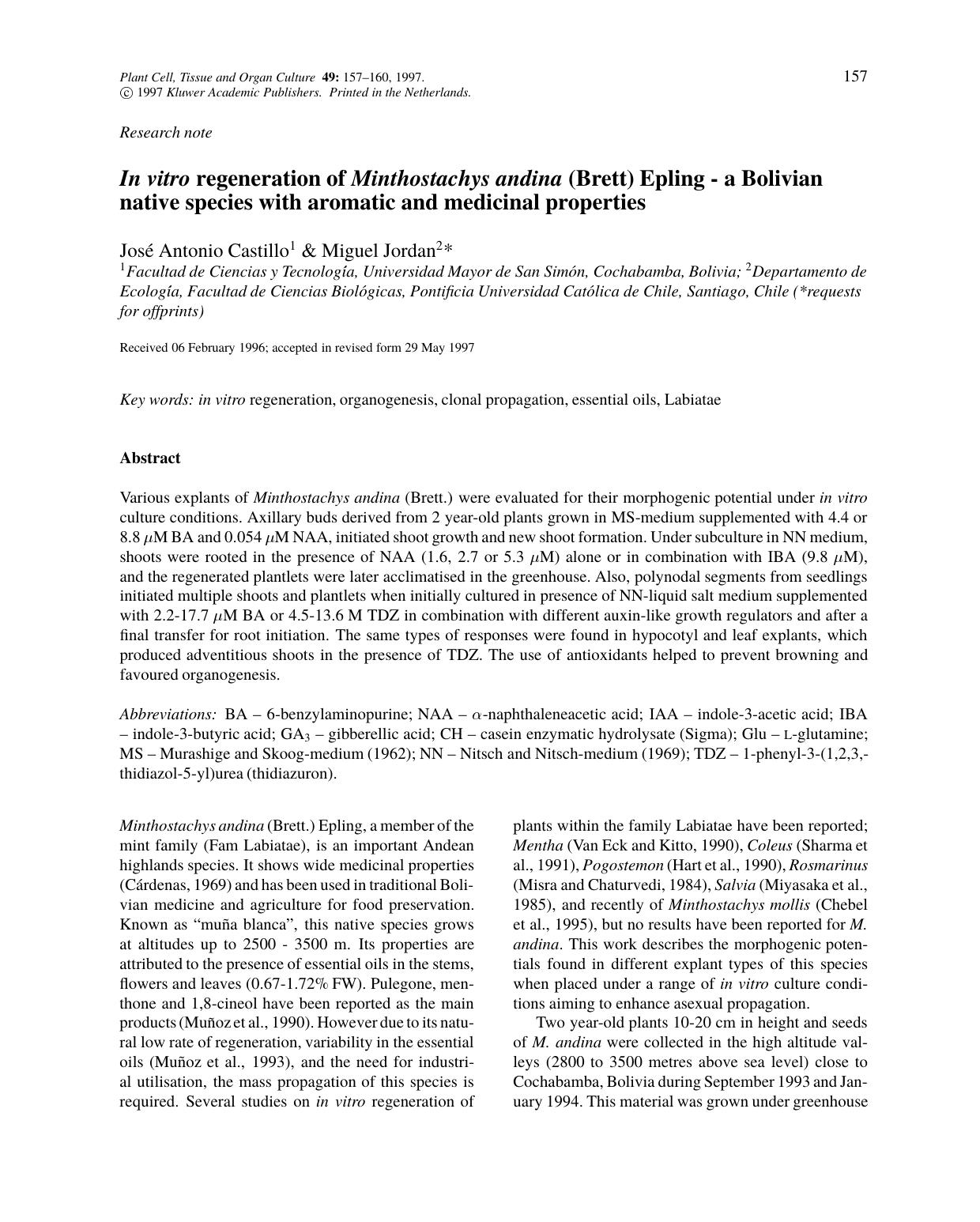 In vitro regeneration of Minthostachys andina (brett) Epling - a Bolivian native species with aromatic and medicinal properties by Unknown