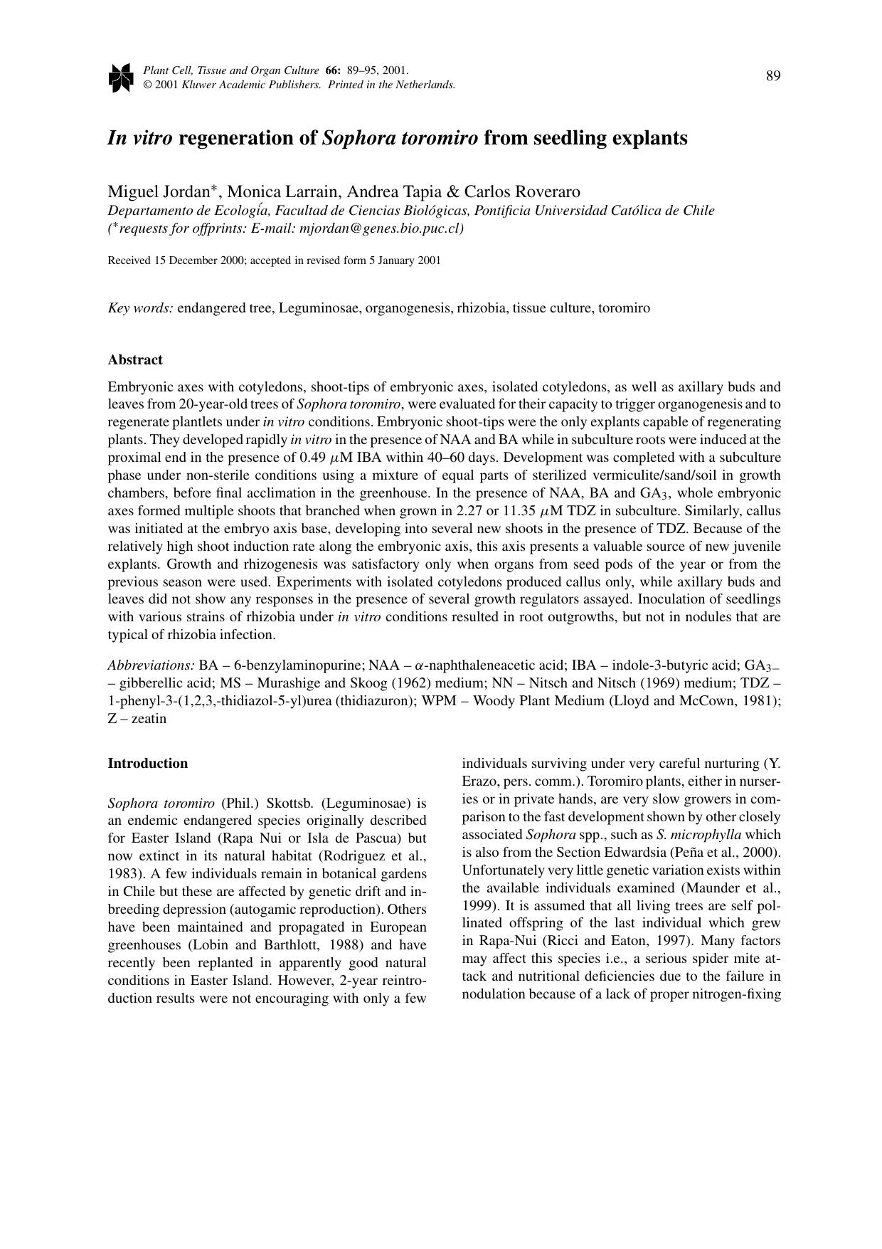 In vitro regeneration of Sophora toromiro from seedling explants by Unknown