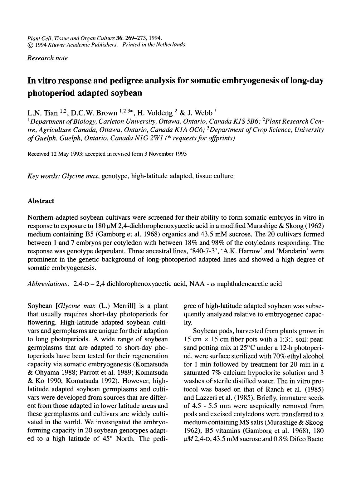 In vitro response and pedigree analysis for somatic embryogenesis of long-day photoperiod adapted soybean by Unknown
