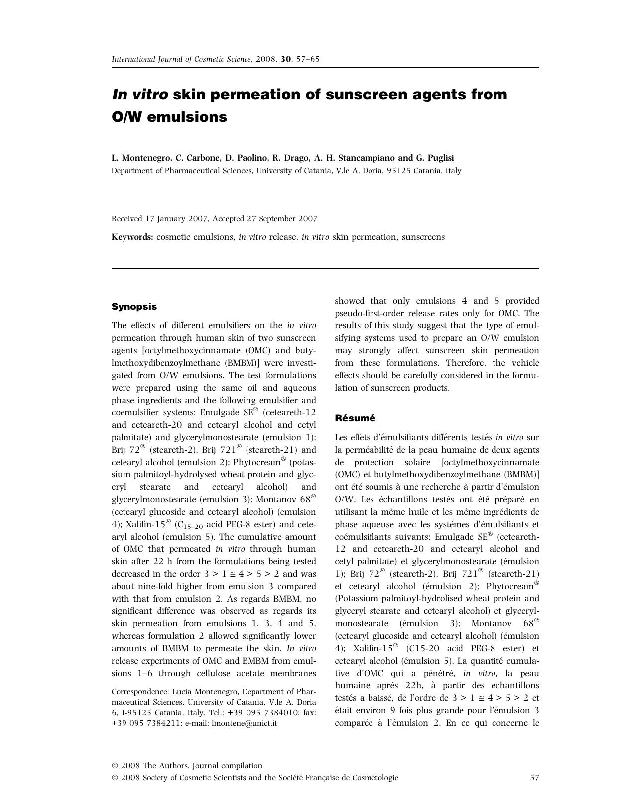 In vitro skin permeation of sunscreen agents from OW emulsions by Unknown