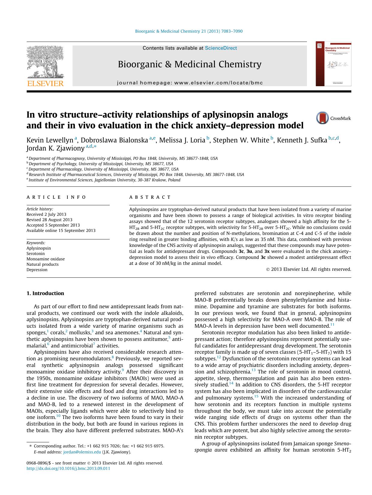 In vitro structureâactivity relationships of aplysinopsin analogs and their in vivo evaluation in the chick anxietyâdepression model by unknow