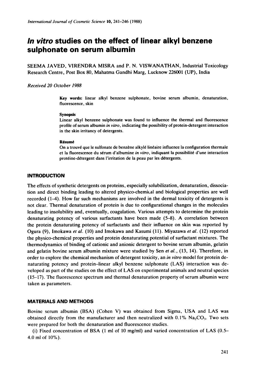 In vitro studies on the effect of linear alkyl benzene sulphonate on serum albumin by Unknown