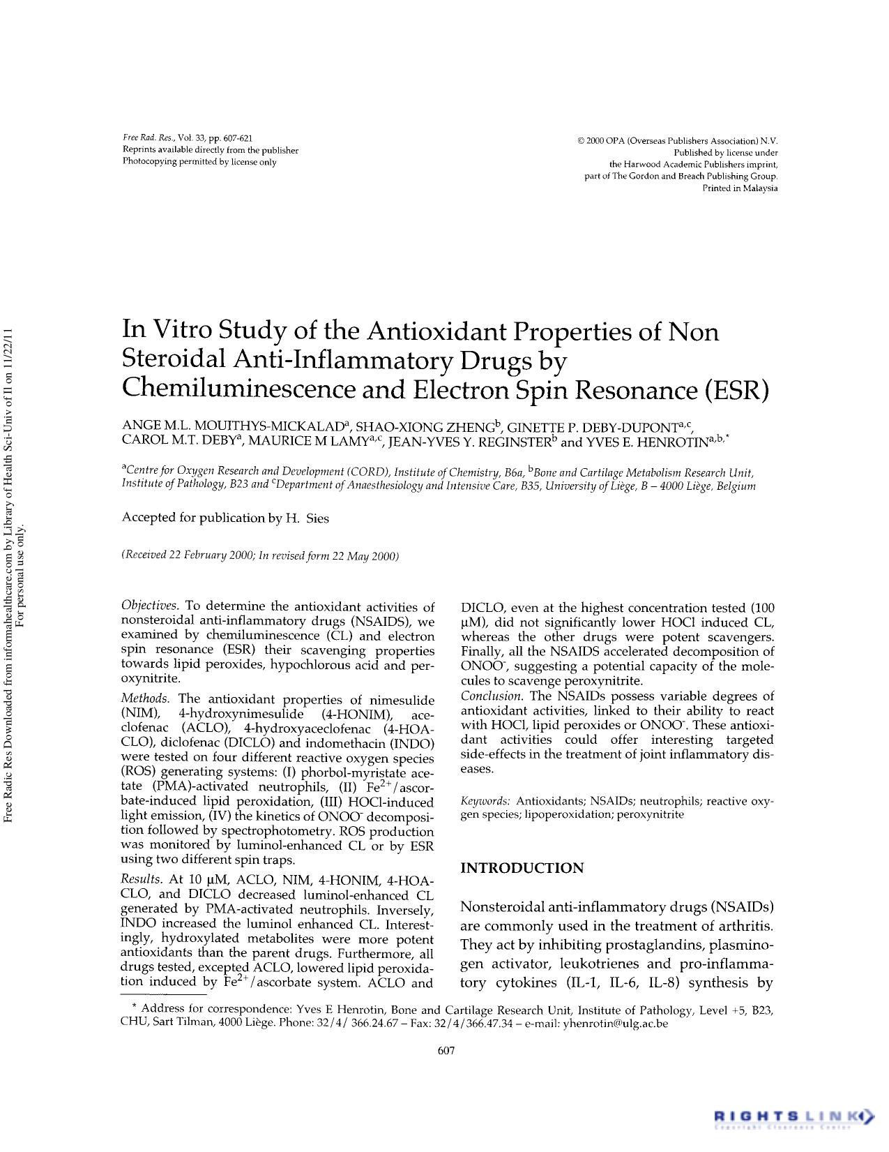 In vitro study of the antioxidant properties of non steroidal anti-inflammatory drugs by chemiluminescence and electron spin resonance (ESR) by unknow