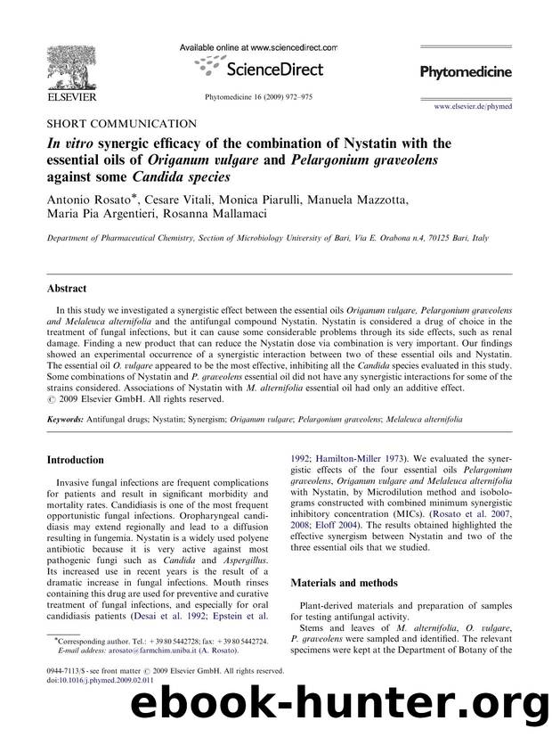 In vitro synergic efficacy of the combination of Nystatin with the essential oils of Origanum vulgare and Pelargonium graveolens against some Candida species by unknow