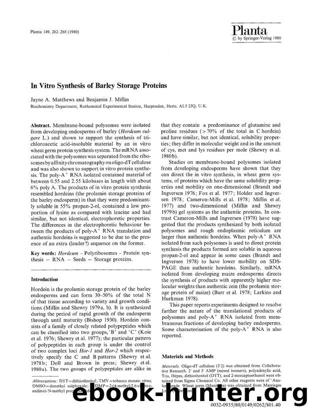 In vitro synthesis of barley storage proteins by Unknown