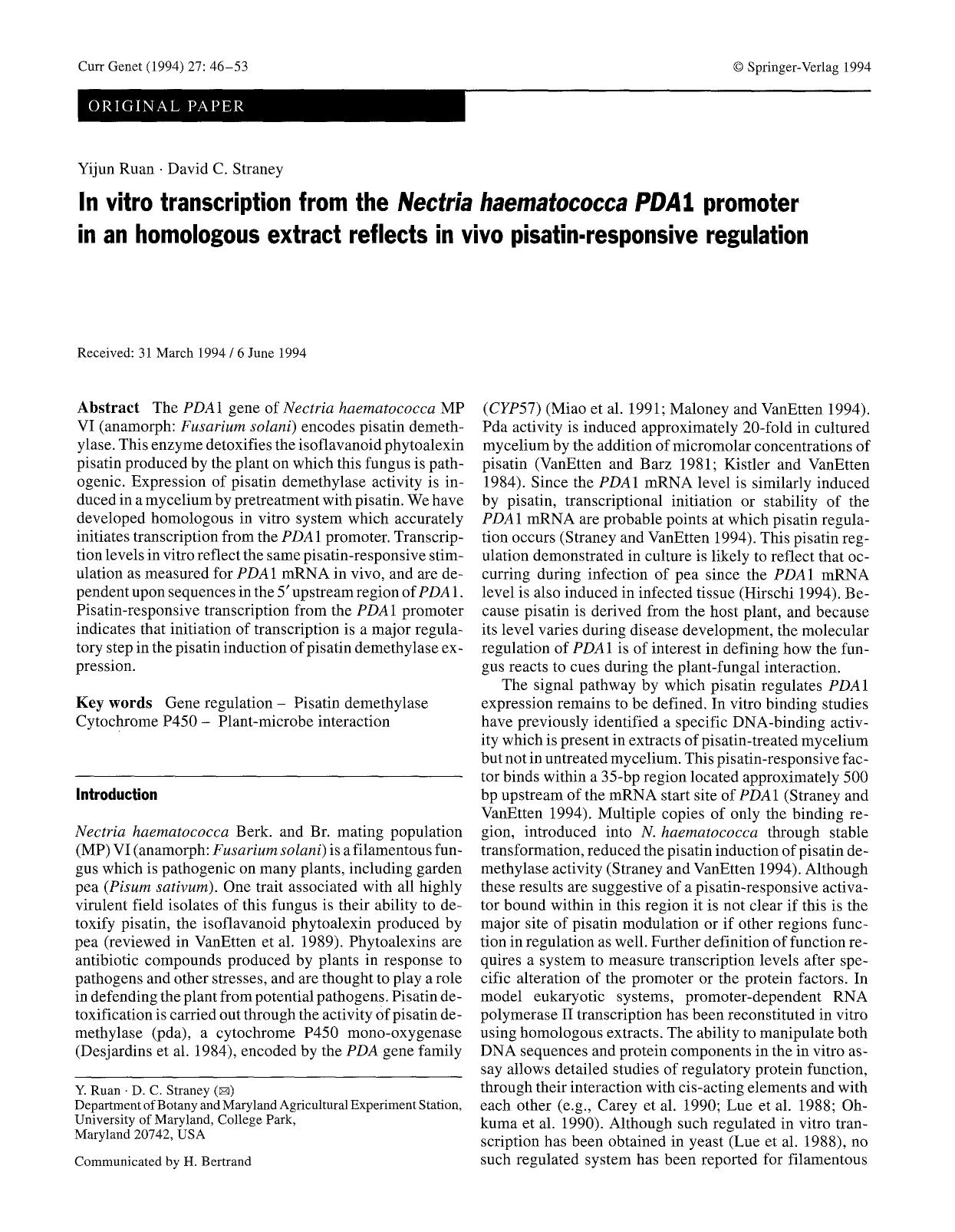 In vitro transcription from the <Emphasis Type="Italic">Nectria haematococca PDA<Emphasis>1 promoter in an homologous extract reflects in vivo pisatin-responsive regulation by Unknown
