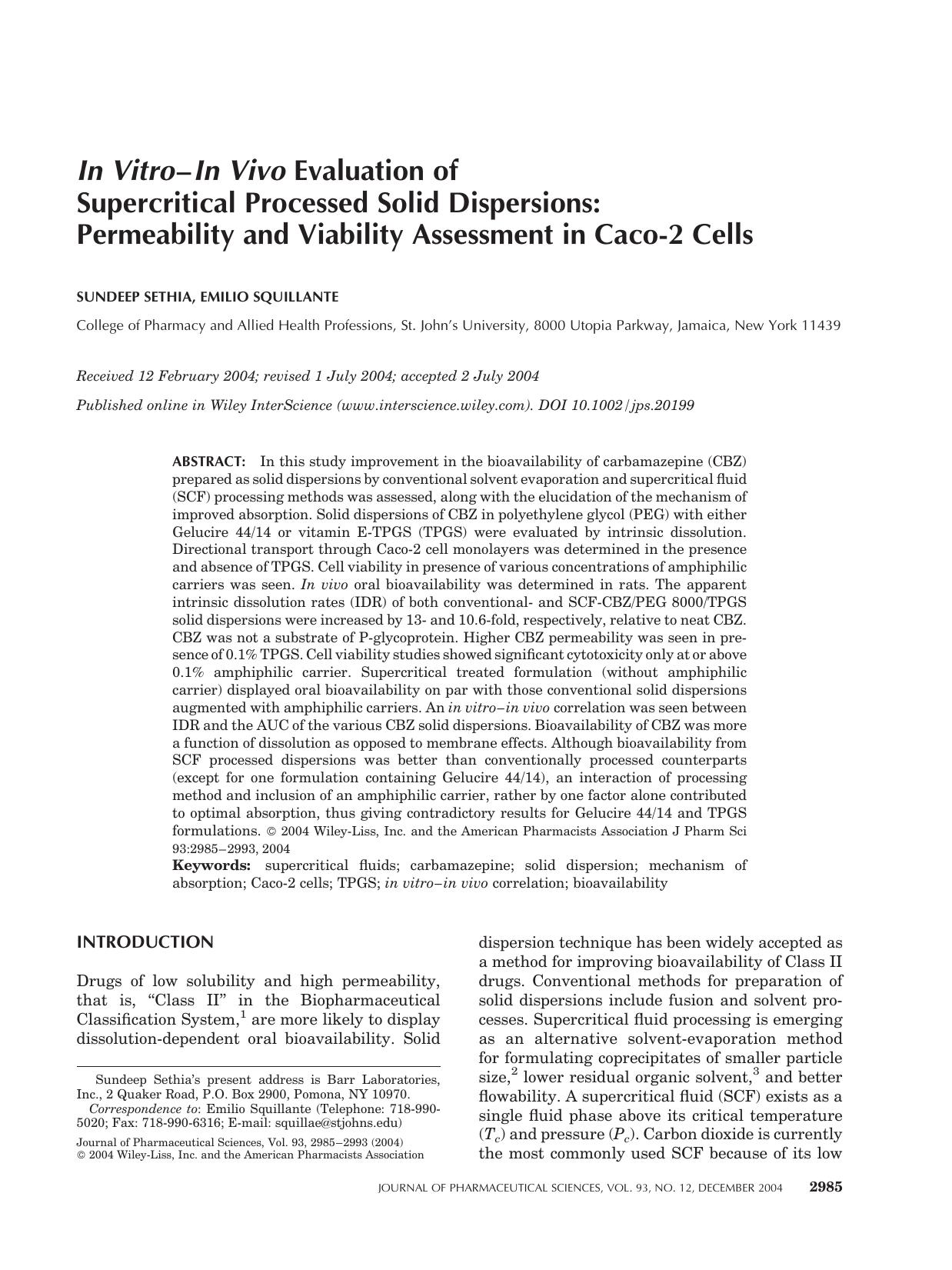 In vitro-in vivo evaluation of supercritical processed solid dispersions: Permeability and viability assessment in Caco-2 cells by Unknown