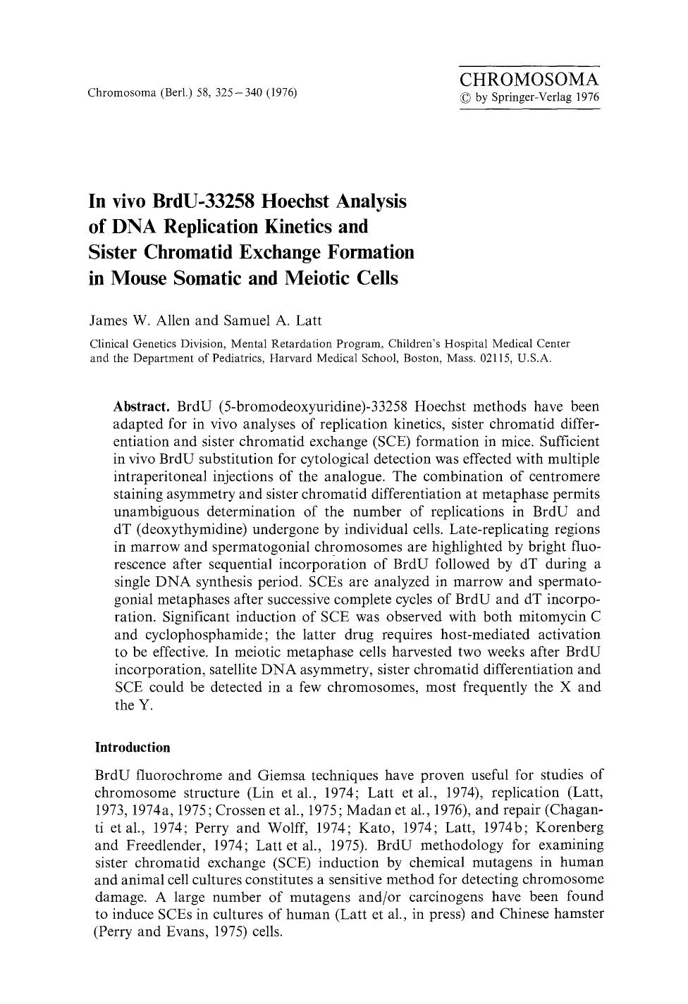 In vivo BrdU-33258 Hoechst analysis of DNA replication kinetics and sister chromatid exchange formation in mouse somatic and meiotic cells by Unknown