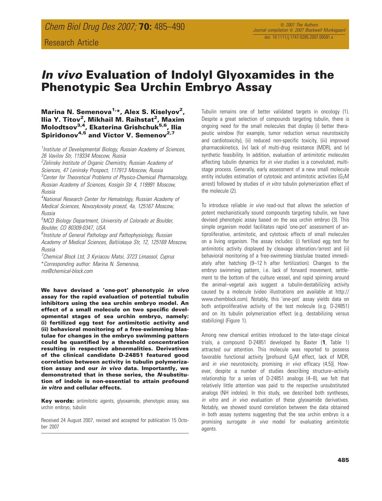 In vivo Evaluation of Indolyl Glyoxamides in the Phenotypic Sea Urchin Embryo Assay by unknow