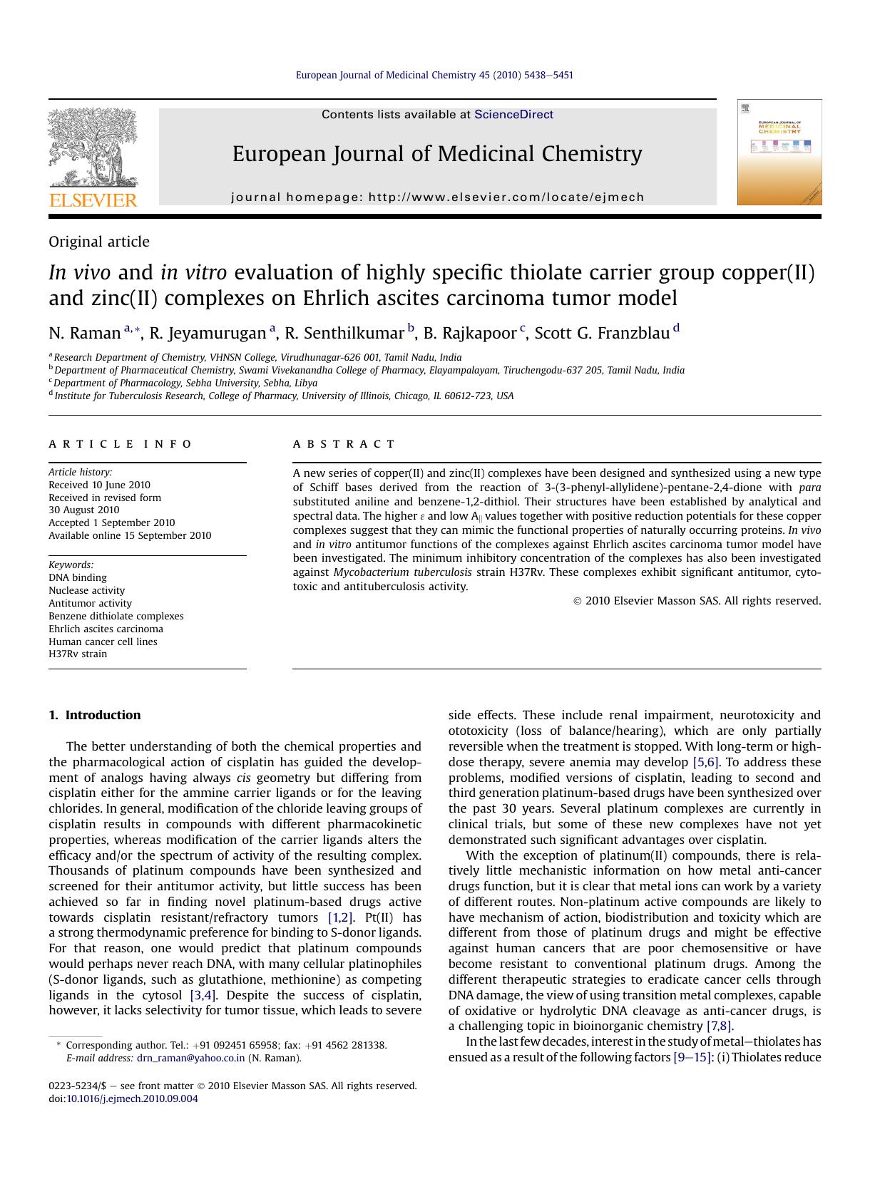 In vivo and in vitro evaluation of highly specific thiolate carrier group copper(II) and zinc(II) complexes on Ehrlich ascites carcinoma tumor model by N. Raman & R. Jeyamurugan & R. Senthilkumar & B. Rajkapoor & Scott G. Franzblau