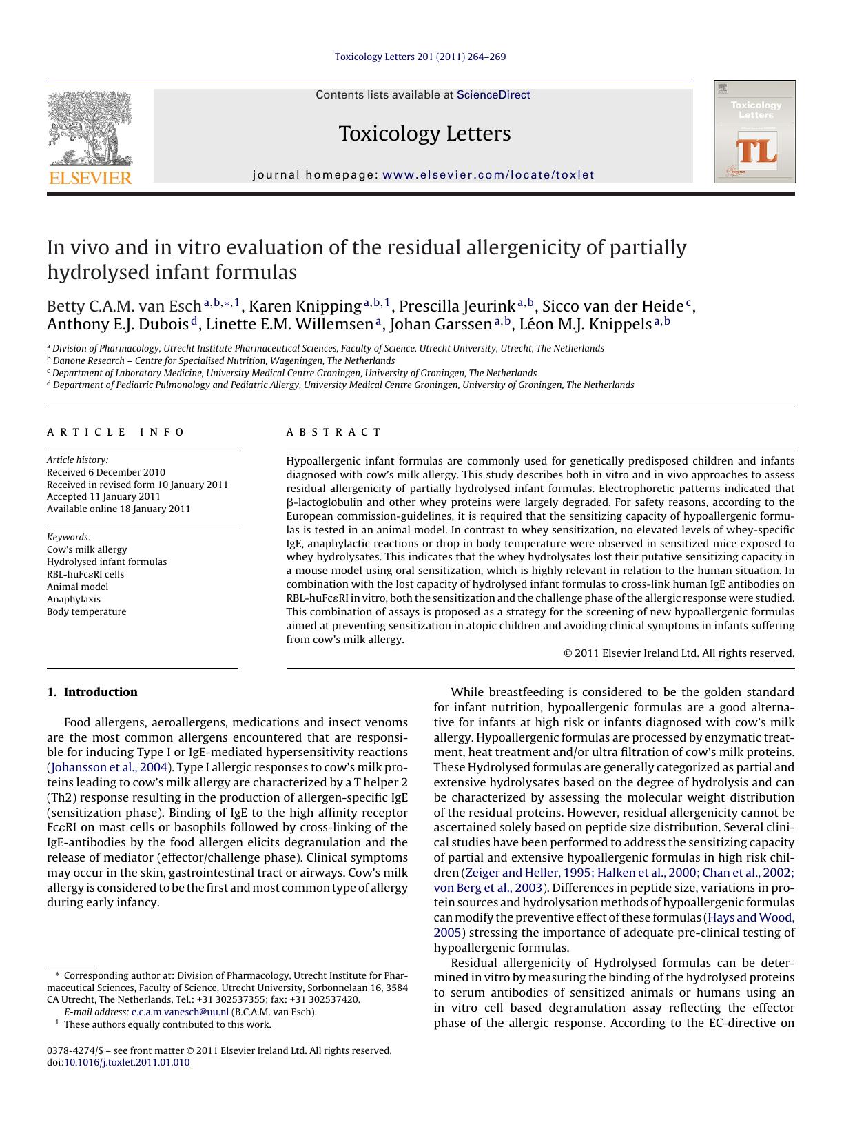 In vivo and in vitro evaluation of the residual allergenicity of partially hydrolysed infant formulas by Betty C.A.M. van Esch