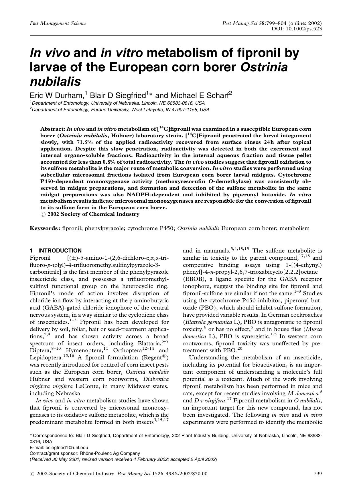 In vivo and in vitro metabolism of fipronil by larvae of the European corn borer Ostrinia nubilalis by Unknown