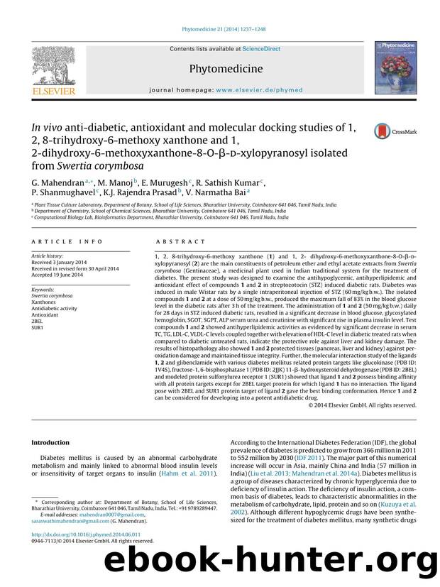 In vivo anti-diabetic, antioxidant and molecular docking studies of 1, 2, 8-trihydroxy-6-methoxy xanthone and 1, 2-dihydroxy-6-methoxyxanthone-8-O-Î²-d-xylopyranosyl isolated from Swertia corymbosa by unknow