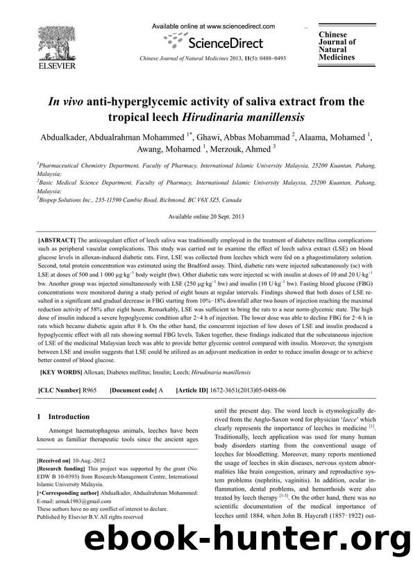 In vivo anti-hyperglycemic activity of saliva extract from the tropical leech Hirudinaria manillensis by unknow
