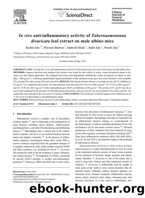 In vivo anti-inflammatory activity of Tabernaemontana divaricata leaf extract on male albino mice by Sachin Jain & Praveen Sharma & Santosh Ghule & Ankit Jain & Nitesh Jain