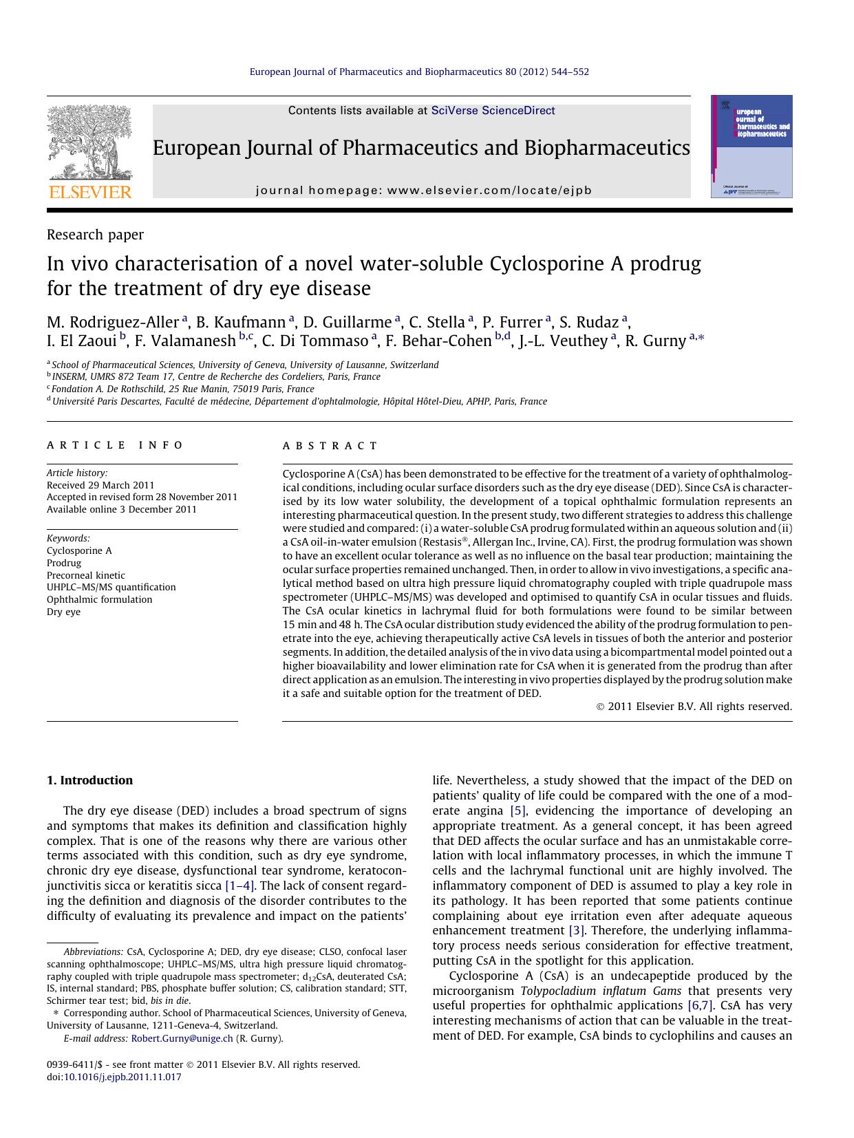 In vivo characterisation of a novel water-soluble Cyclosporine A prodrug for the treatment of dry eye disease by unknow
