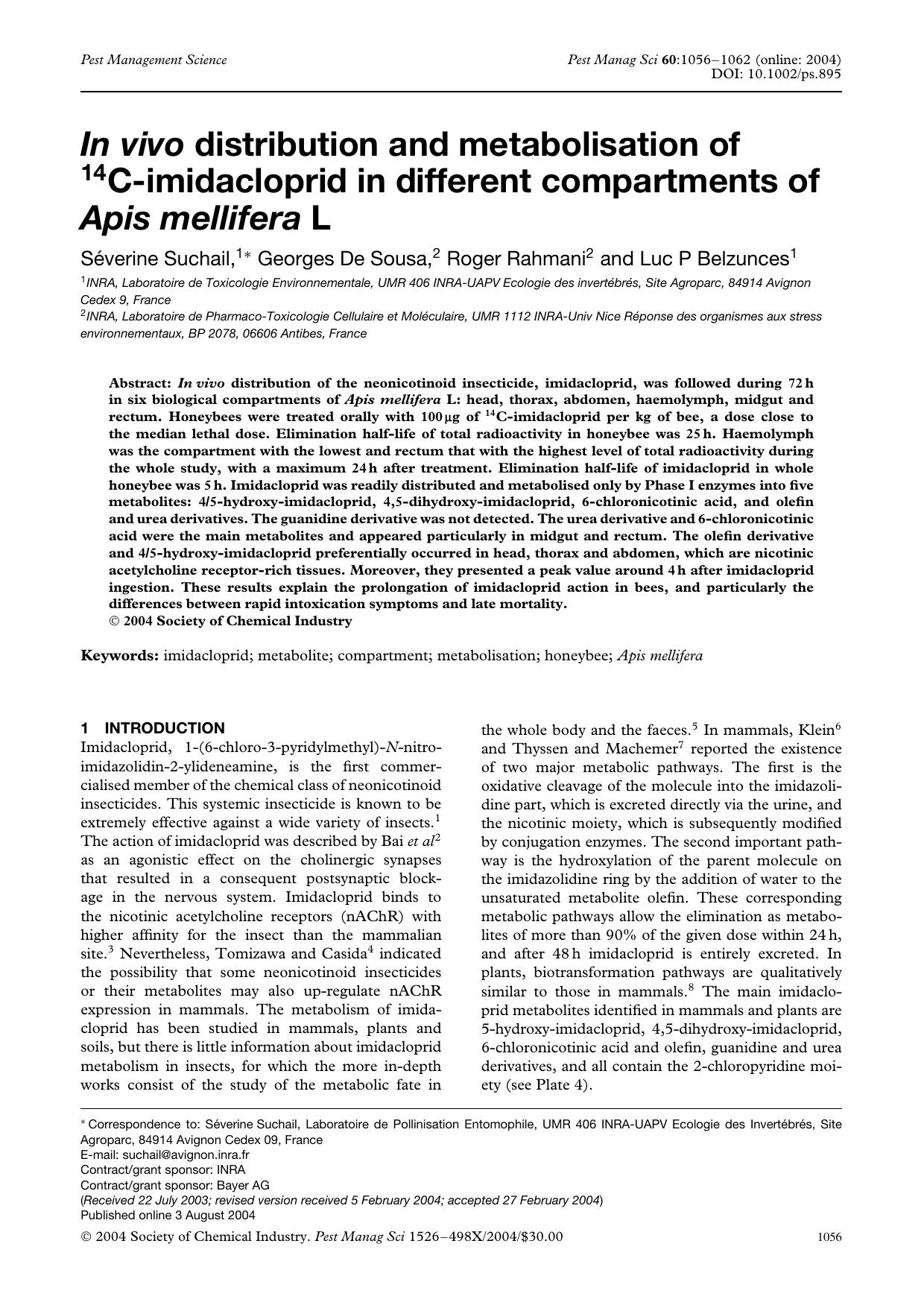 In vivo distribution and metabolisation of 14C-imidacloprid in different compartments of Apis mellifera L by Unknown