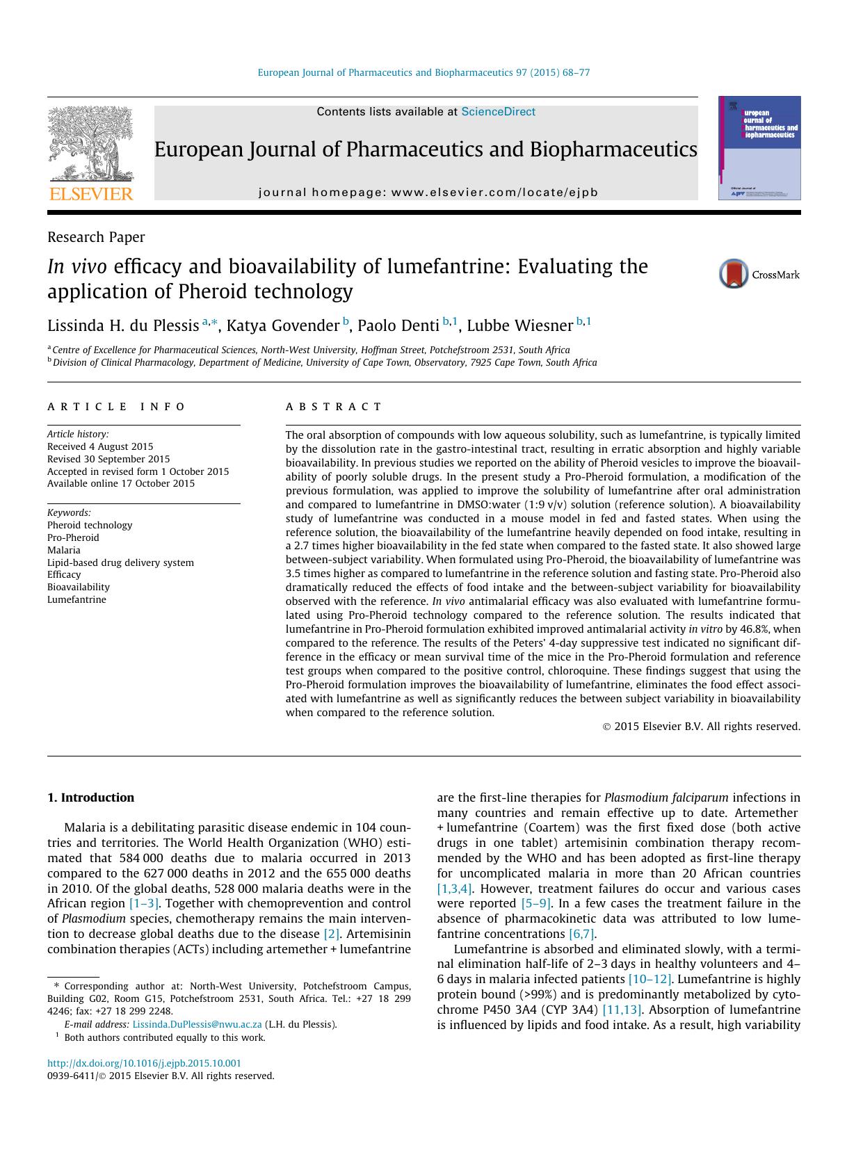 In vivo efficacy and bioavailability of lumefantrine: Evaluating the application of Pheroid technology by Lissinda H. du Plessis & Katya Govender & Paolo Denti & Lubbe Wiesner