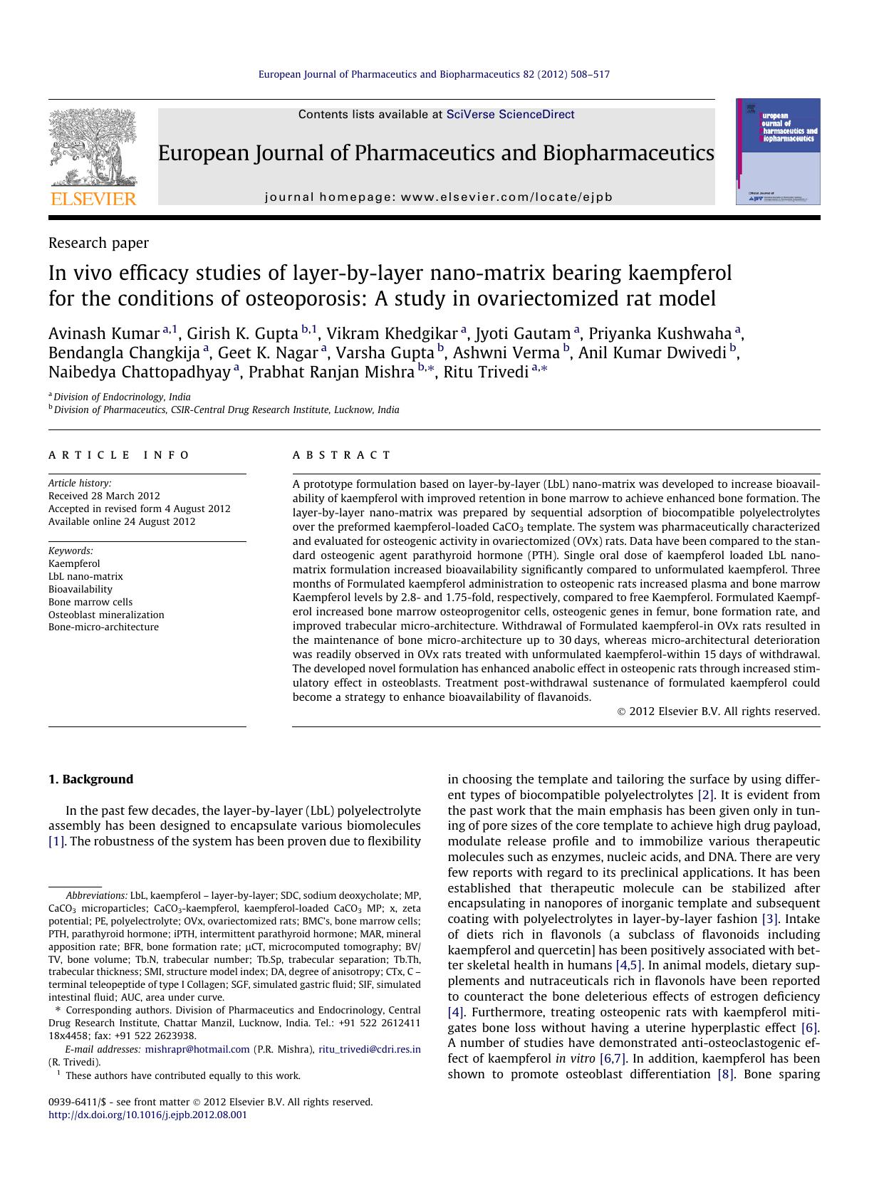 In vivo efficacy studies of layer-by-layer nano-matrix bearing kaempferol for the conditions of osteoporosis: A study in ovariectomized rat model by unknow
