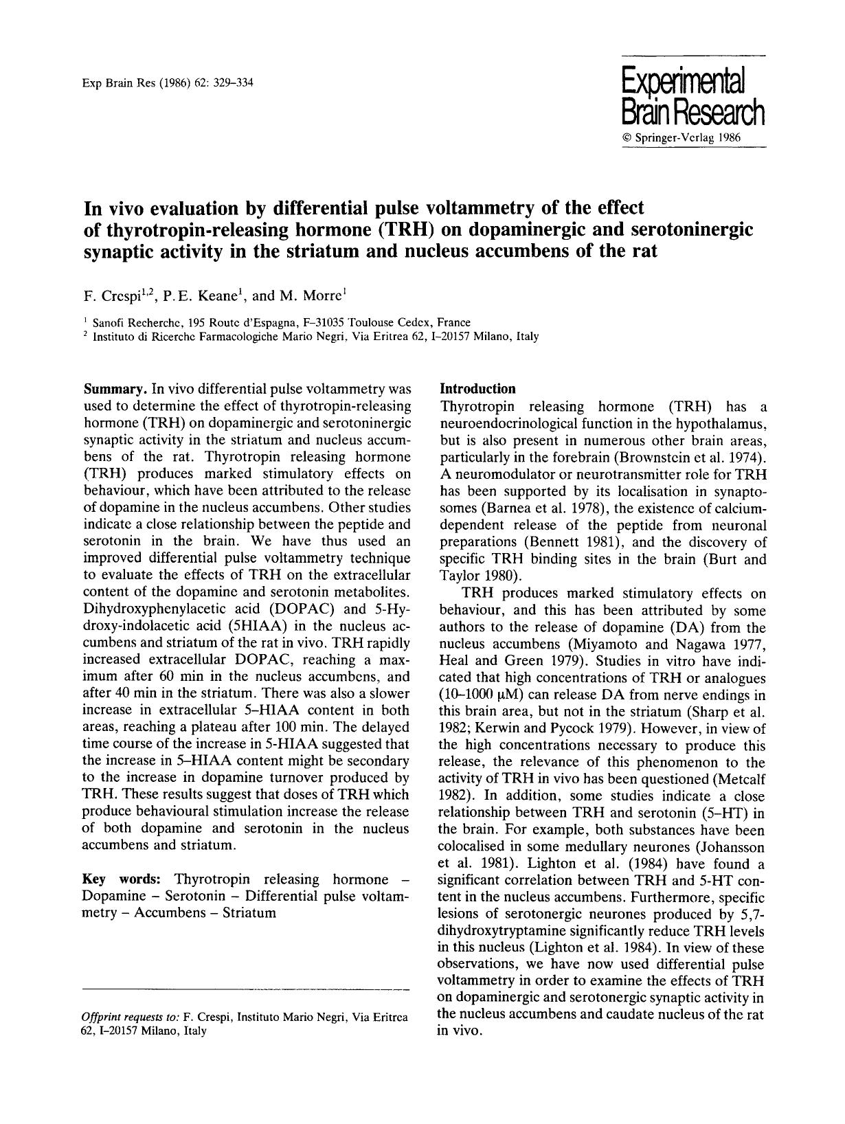 In vivo evaluation by differential pulse voltammetry of the effect of thyrotropin-releasing hormone (TRH) on dopaminergic and serotoninergic synaptic activity in the striatum and n by Unknown