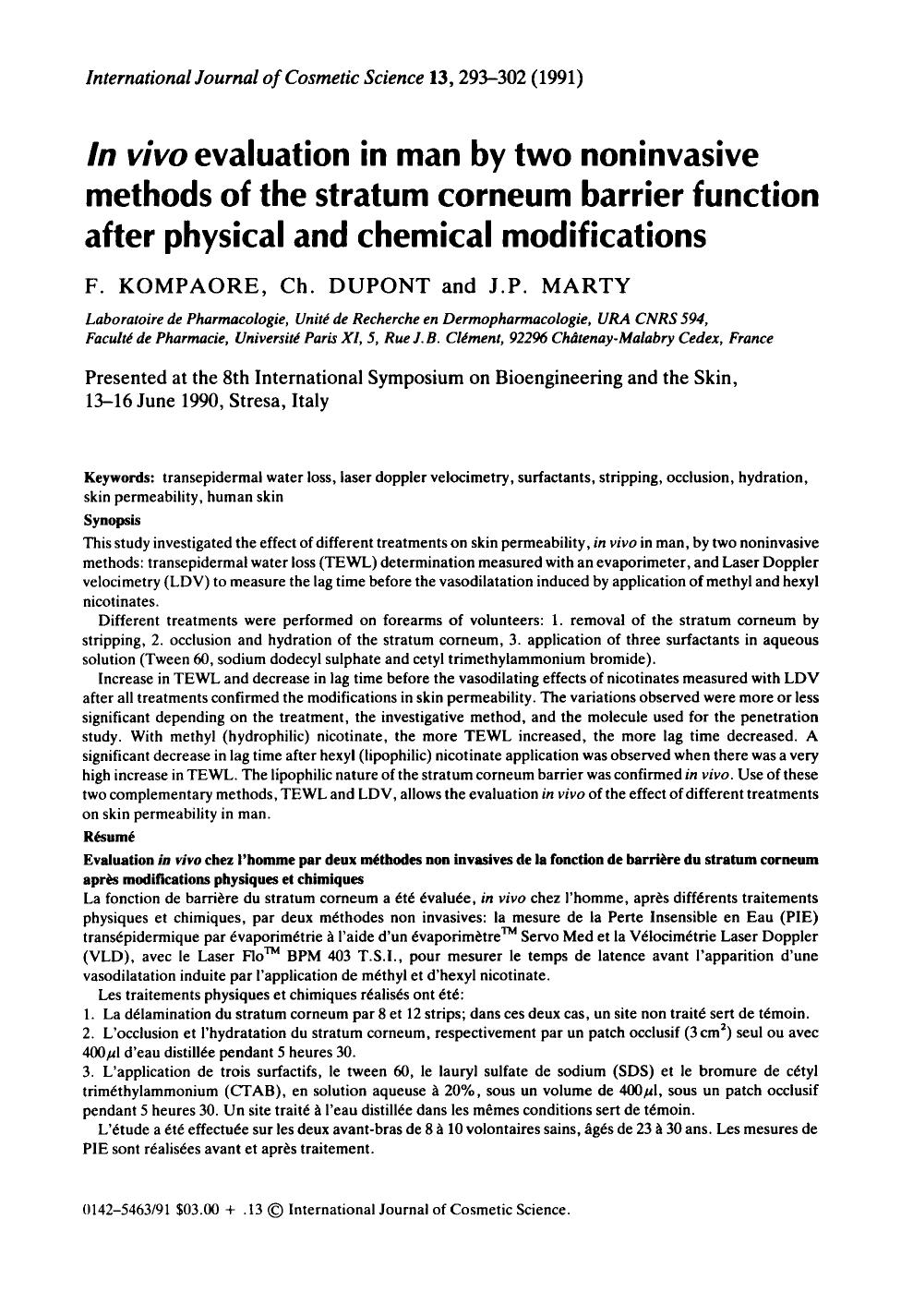 In vivo evaluation in man by two noninvasive methods of the stratum corneum barrier function after physical and chemical modifications by Unknown