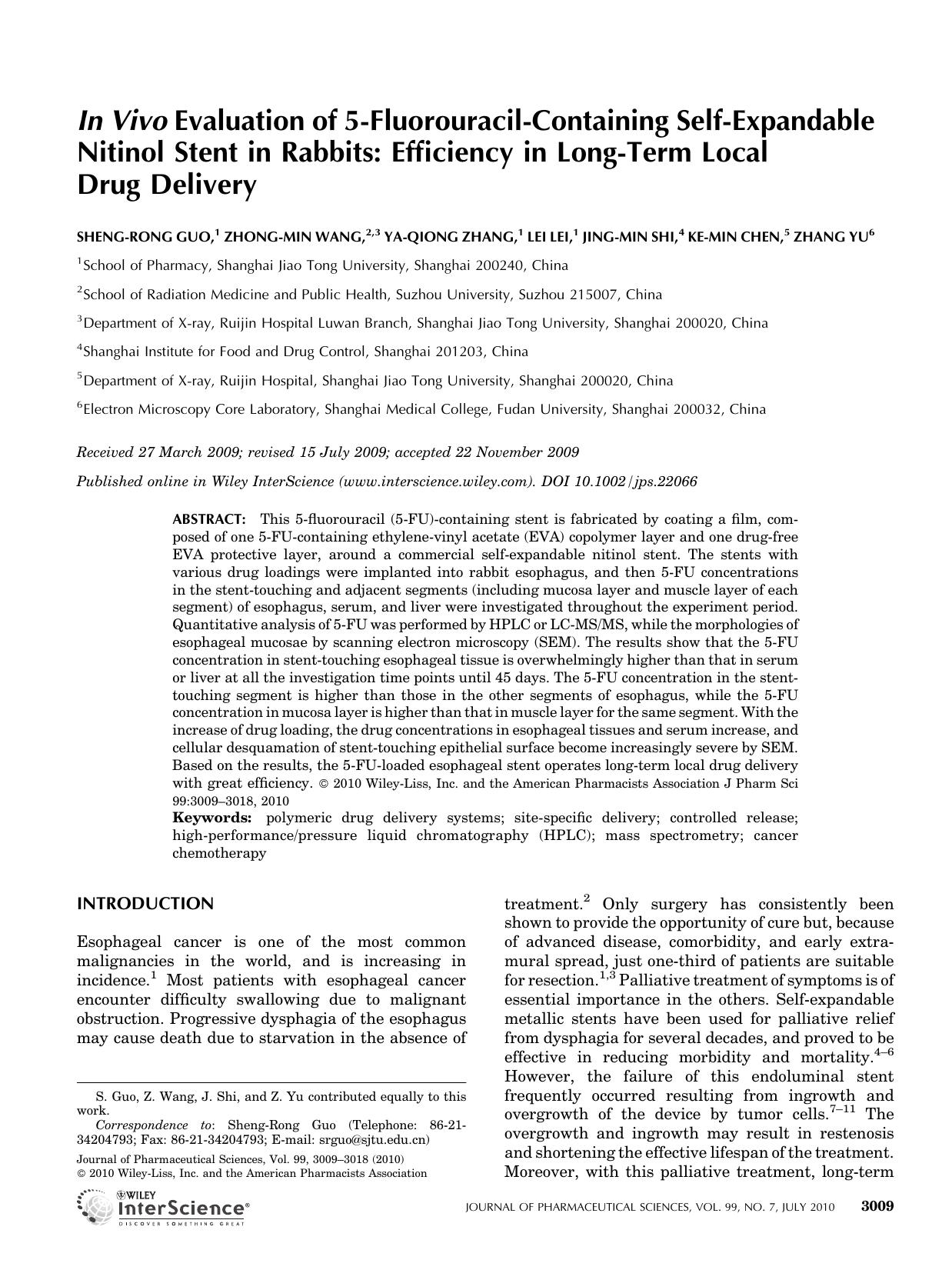In vivo evaluation of 5fluorouracilcontaining selfexpandable nitinol stent in rabbits: Efficiency in longterm local drug delivery by Unknown