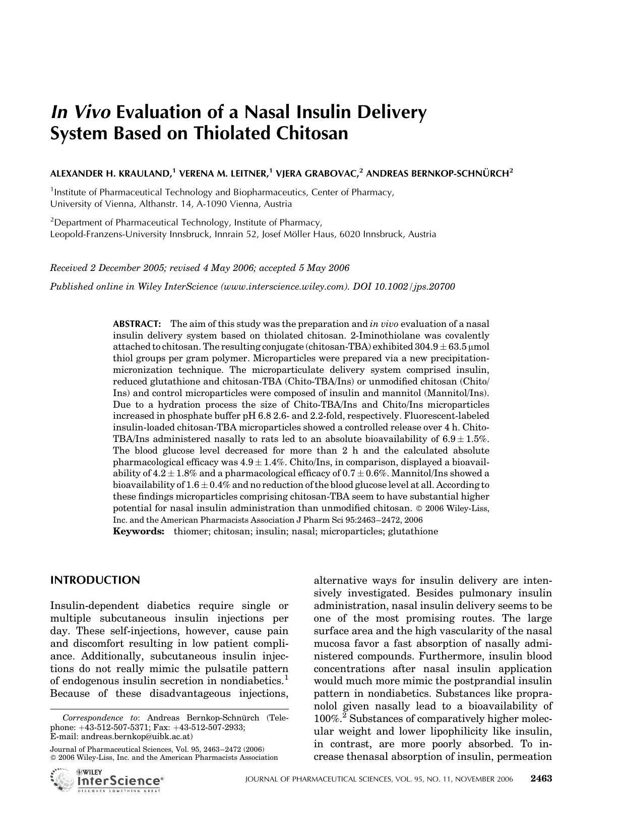 In vivo evaluation of a nasal insulin delivery system based on thiolated chitosan by Unknown