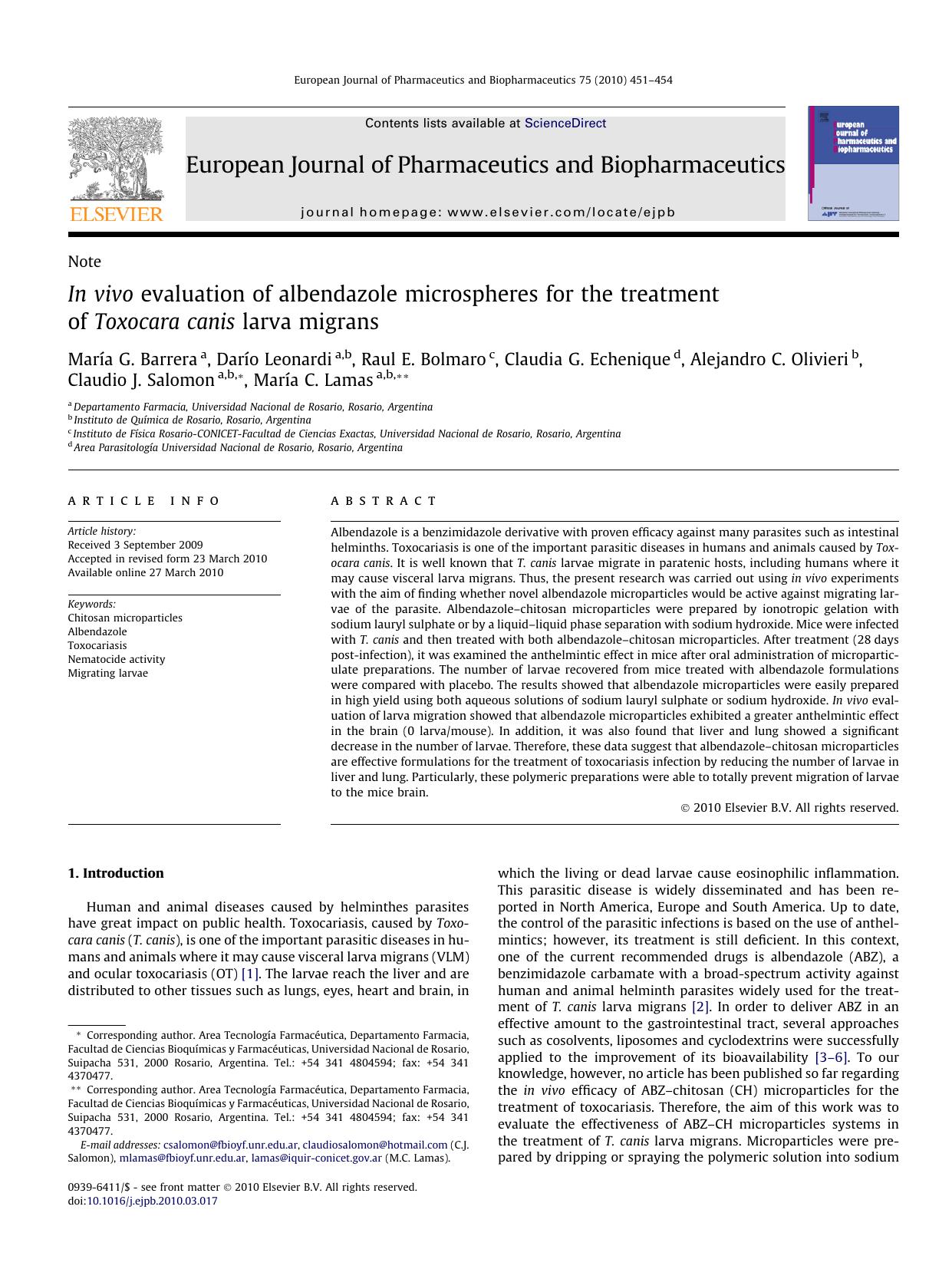 In vivo evaluation of albendazole microspheres for the treatment of Toxocara canis larva migrans by unknow