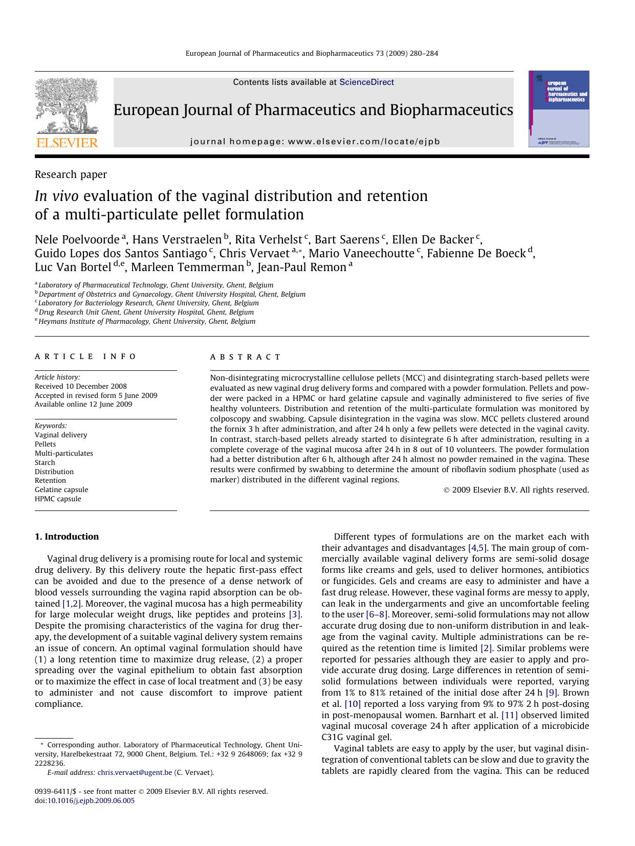 In vivo evaluation of the vaginal distribution and retention of a multi-particulate pellet formulation by unknow