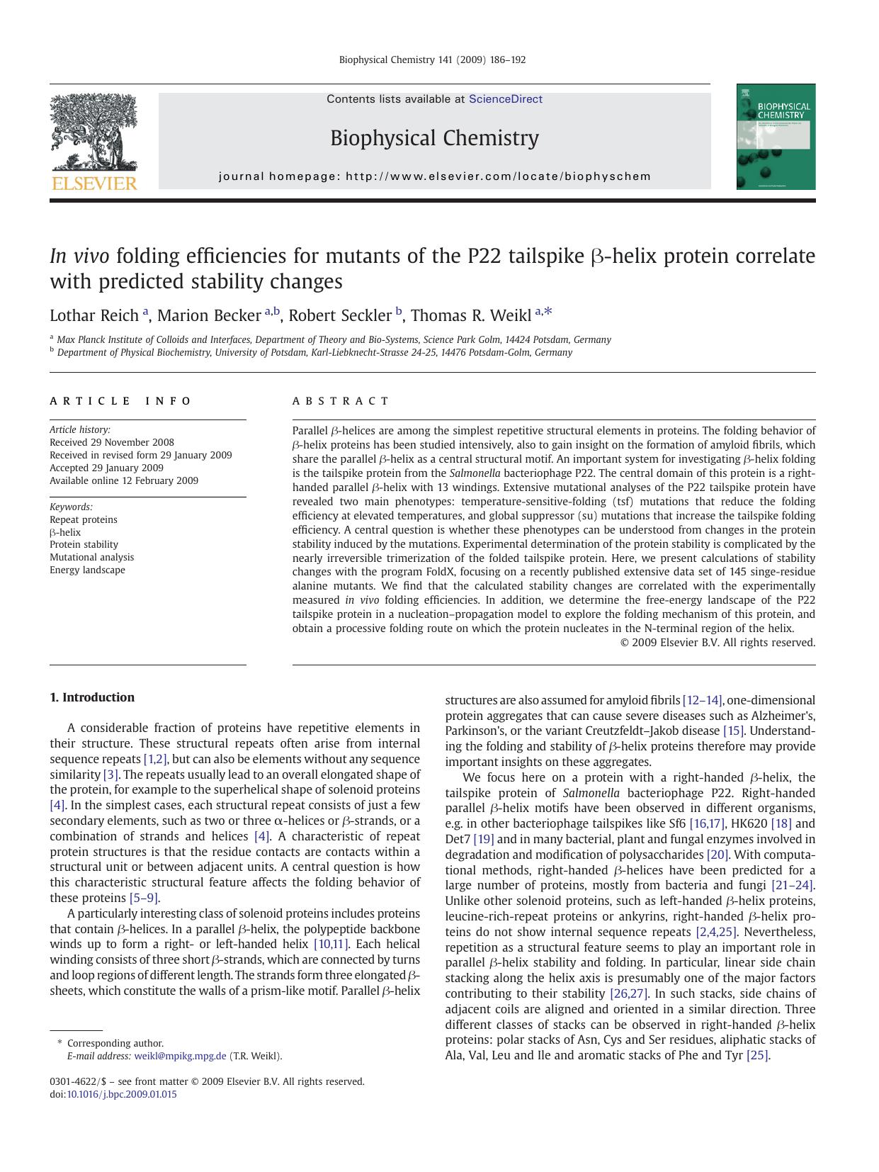 In vivo folding efficiencies for mutants of the P22 tailspike Î²-helix protein correlate with predicted stability changes by Lothar Reich; Marion Becker; Robert Seckler; Thomas R. Weikl