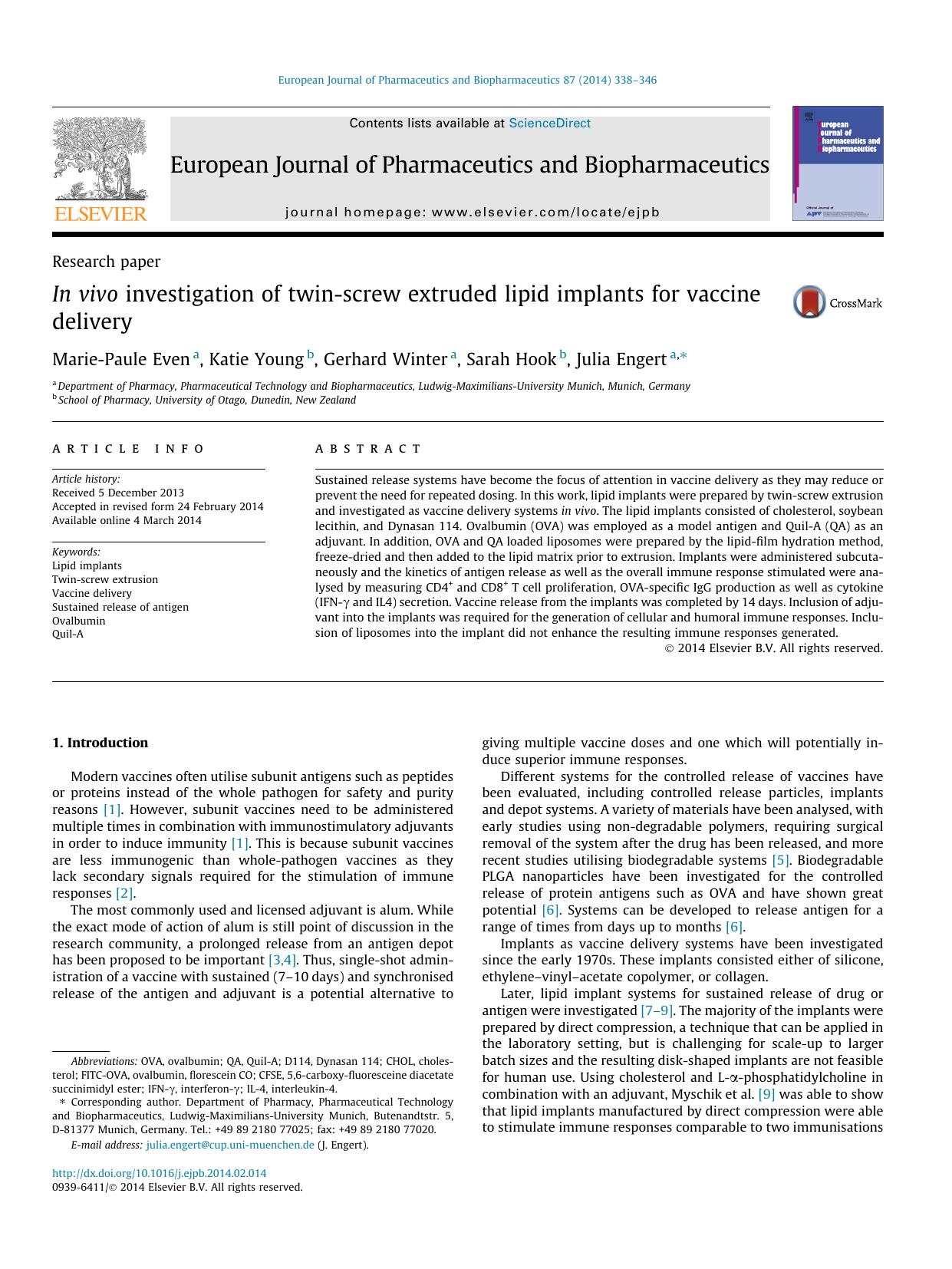 In vivo investigation of twin-screw extruded lipid implants for vaccine delivery by Marie-Paule Even & Katie Young & Gerhard Winter & Sarah Hook & Julia Engert
