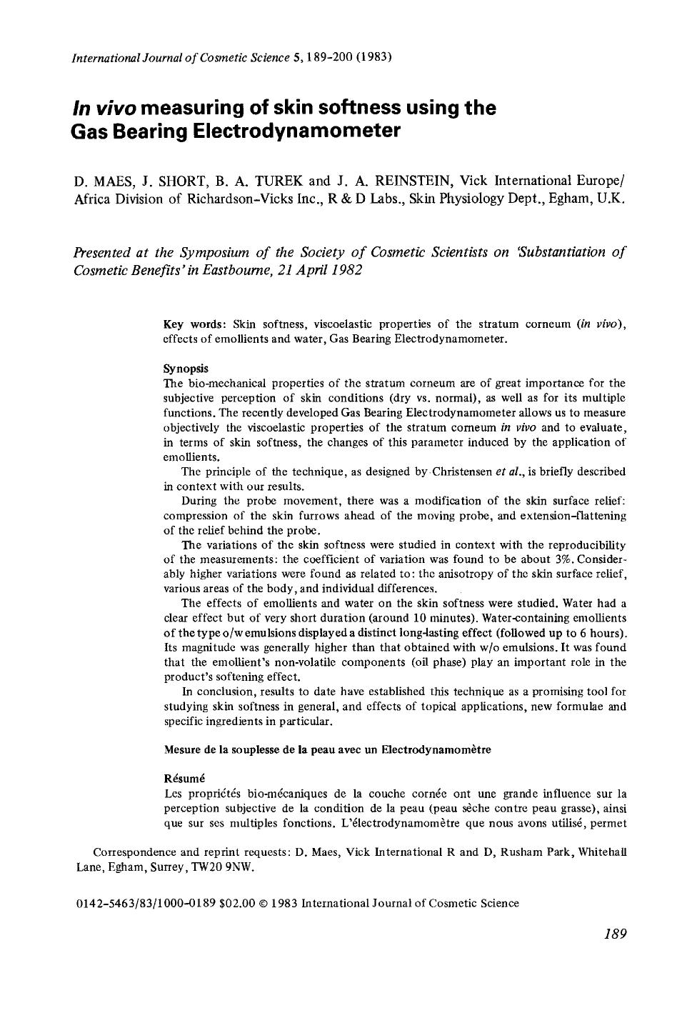 In vivo measuring of skin softness using the Gas Bearing Electrodynamometer by Unknown
