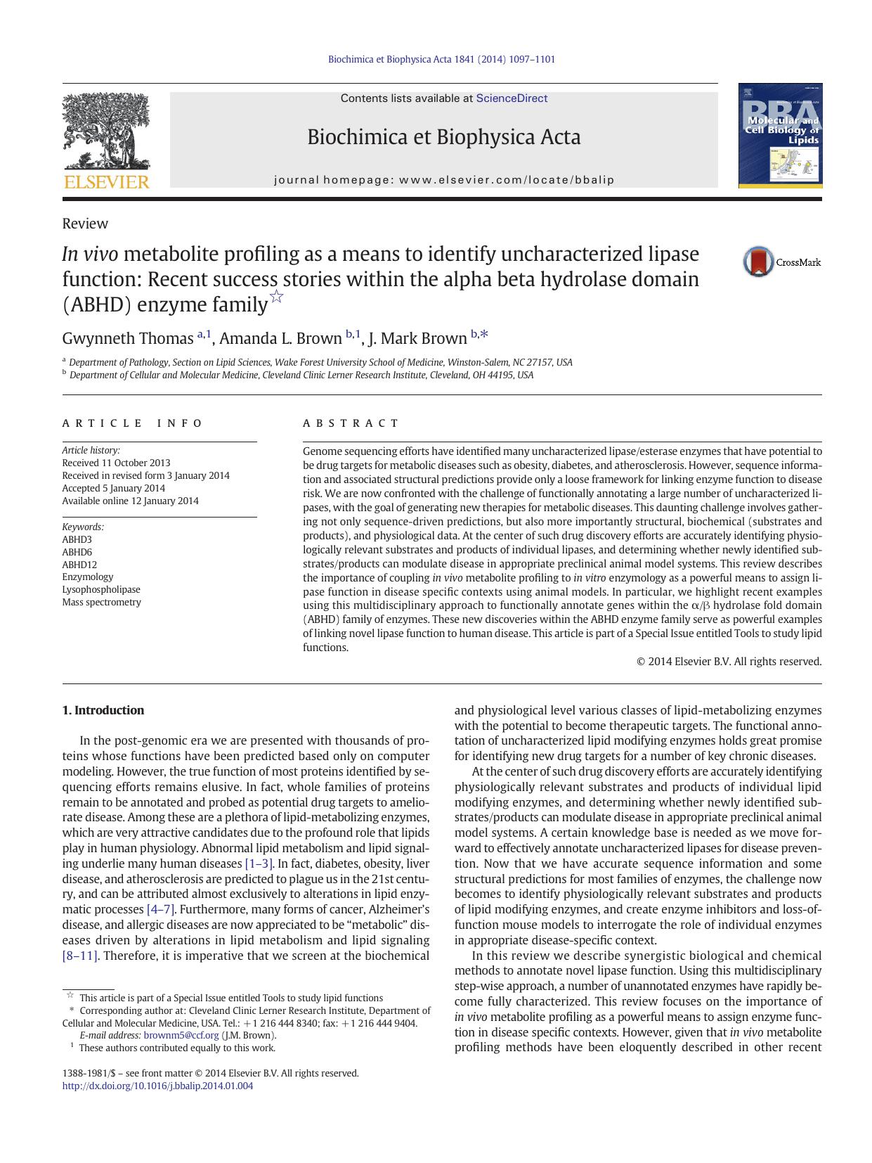 In vivo metabolite profiling as a means to identify uncharacterized lipase function: Recent success stories within the alpha beta hydrolase domain (ABHD) enzyme family by Gwynneth Thomas & Amanda L. Brown & J. Mark Brown