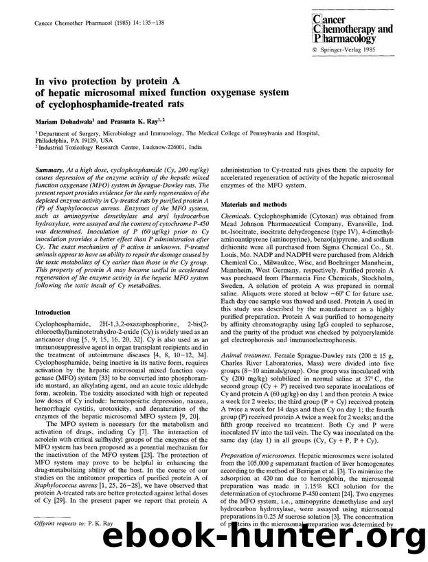 In vivo protection by protein A of hepatic microsomal mixed function oxygenase system of cyclophosphamide-treated rats by Unknown