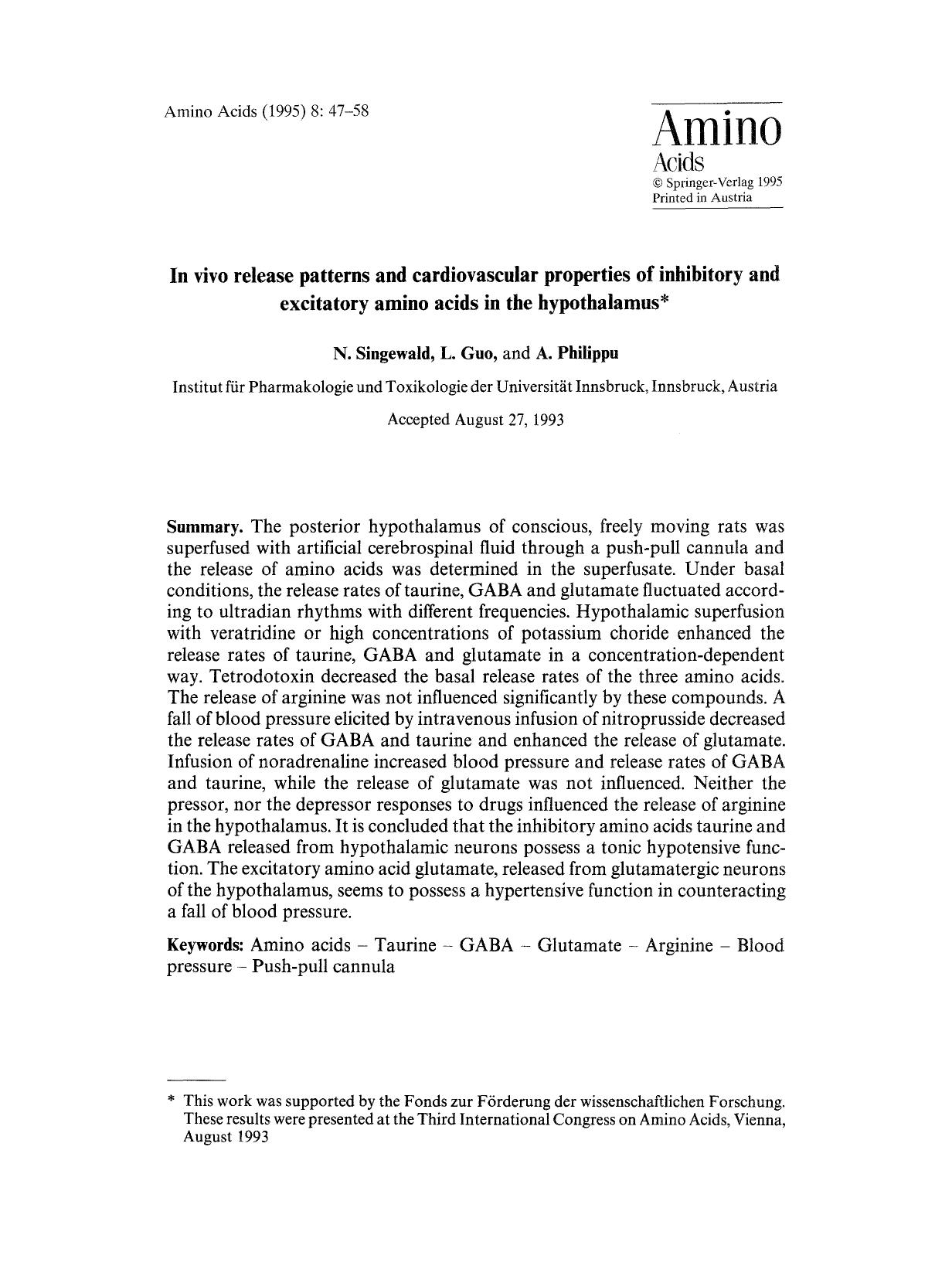 In vivo release patterns and cardiovascular properties of inhibitory and excitatory amino acids in the hypothalamus by Unknown