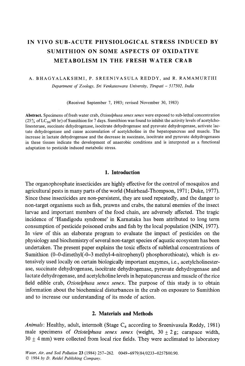 In vivo sub-acute physiological stress induced by Sumithion on some aspects of oxidative metabolism in the fresh water crab by Unknown