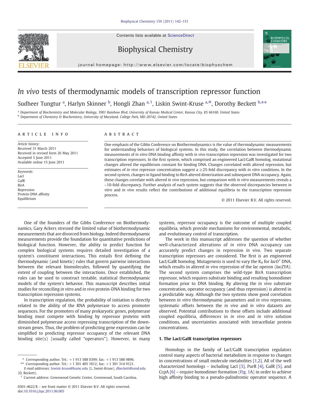 In vivo tests of thermodynamic models of transcription repressor function by Sudheer Tungtur & Harlyn Skinner & Hongli Zhan & Liskin Swint-Kruse & Dorothy Beckett