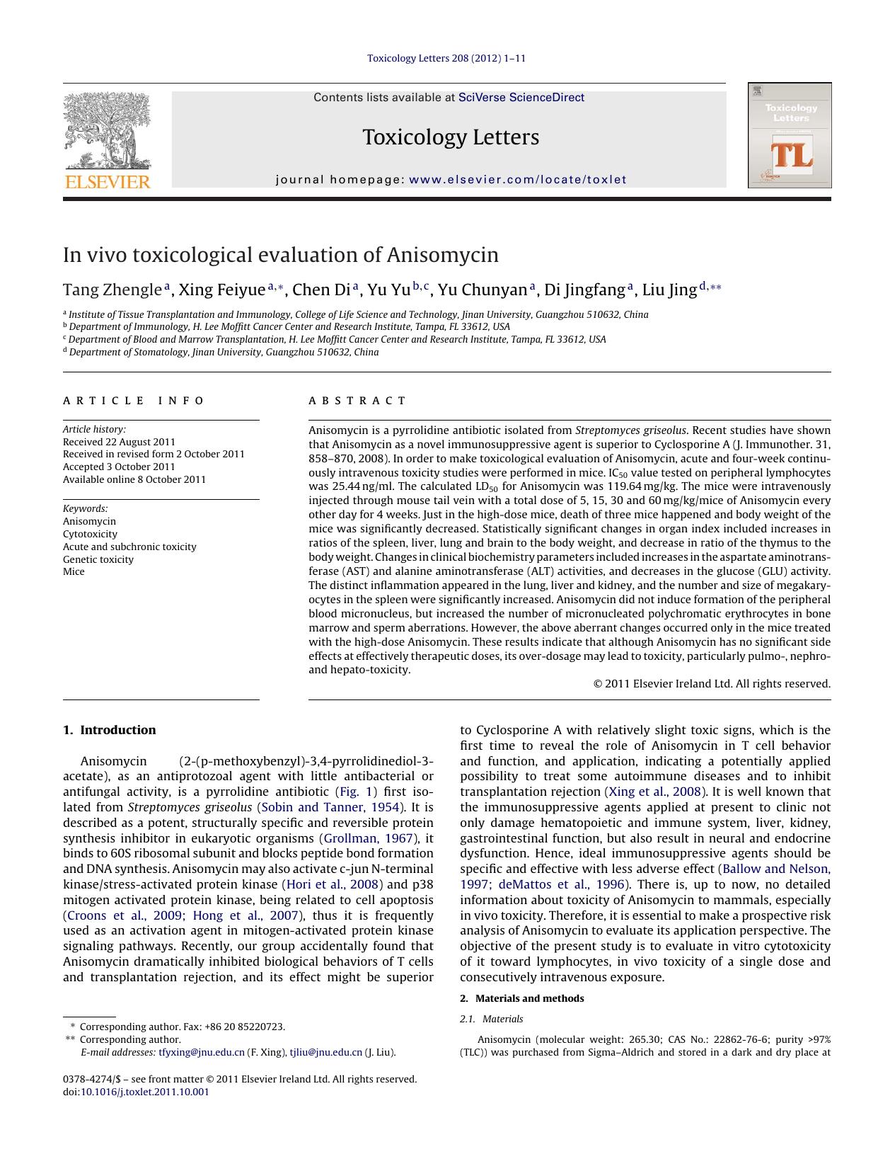 In vivo toxicological evaluation of Anisomycin by Tang Zhengle