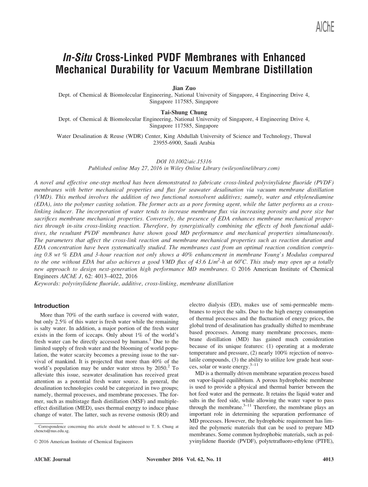 In&#8208;Situ Cross&#8208;Linked PVDF Membranes with Enhanced Mechanical Durability for Vacuum Membrane Distillation by Unknown