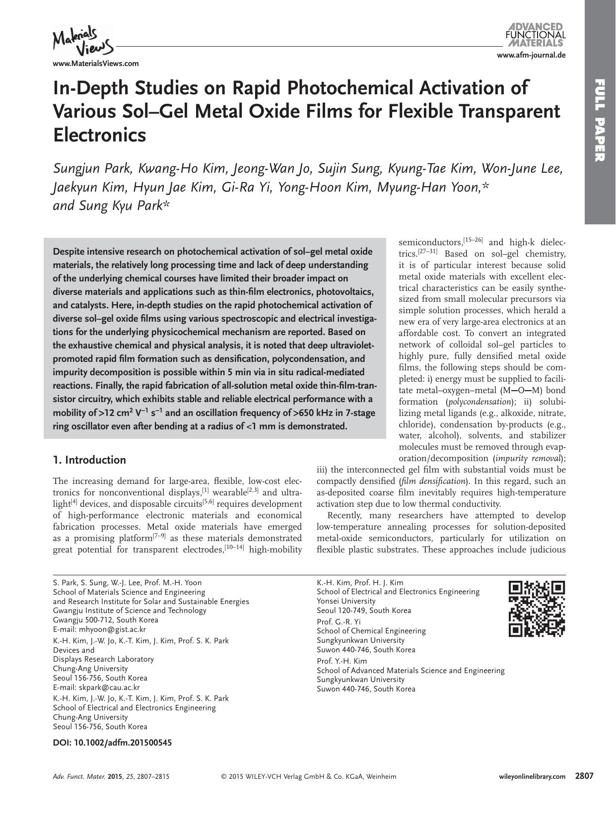 In&#x02010;Depth Studies on Rapid Photochemical Activation of Various Sol&#x02013;Gel Metal Oxide Films for Flexible Transparent Electronics by Unknown