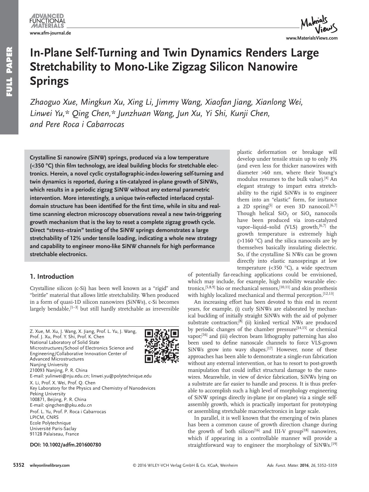 In‐Plane Self‐Turning and Twin Dynamics Renders Large Stretchability to Mono‐Like Zigzag Silicon Nanowire Springs by Unknown