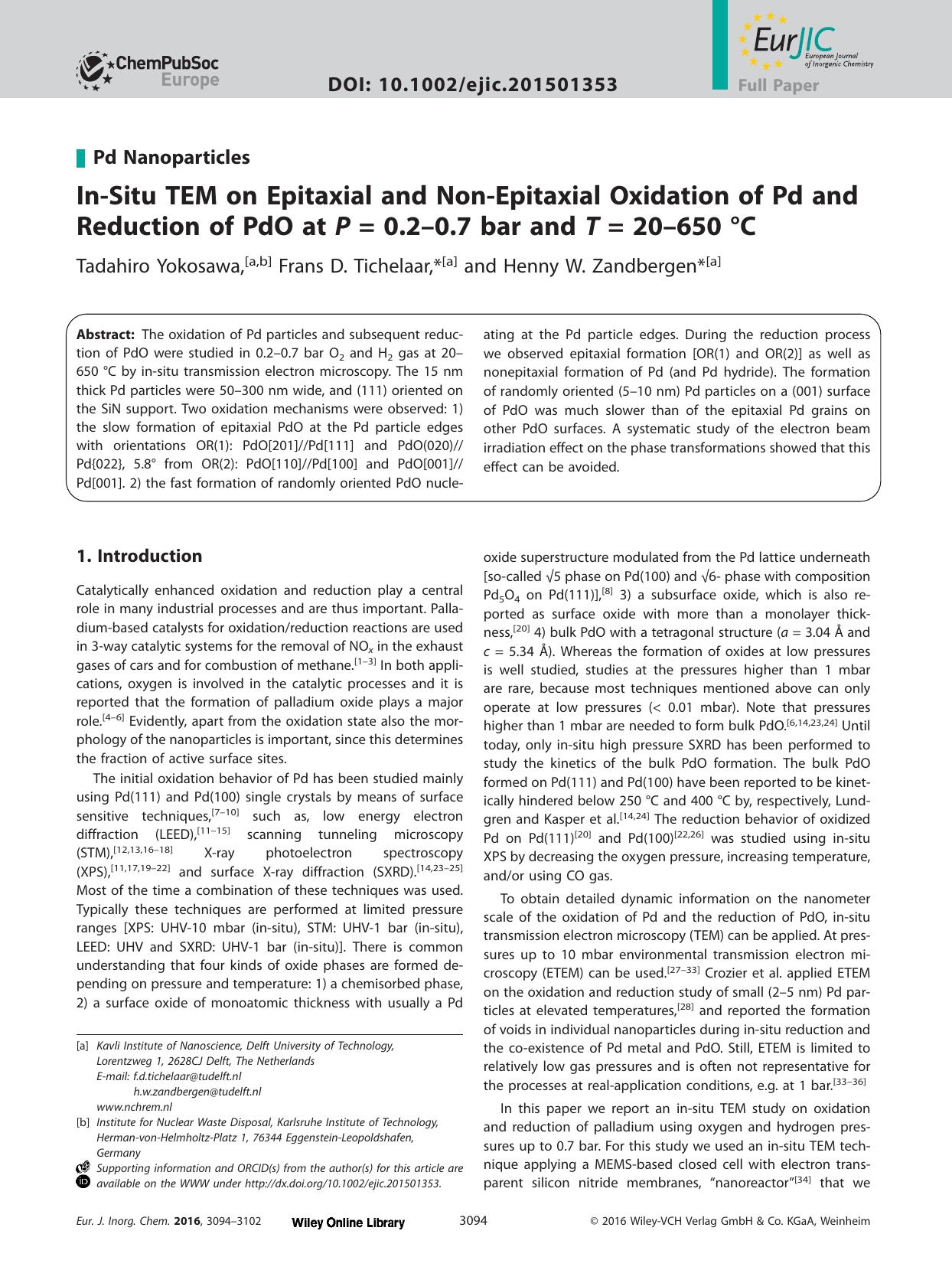 In‐Situ TEM on Epitaxial and Non‐Epitaxial Oxidation of Pd and Reduction of PdO at P = 0.2–0.7 bar and T = 20–650 °C by Unknown