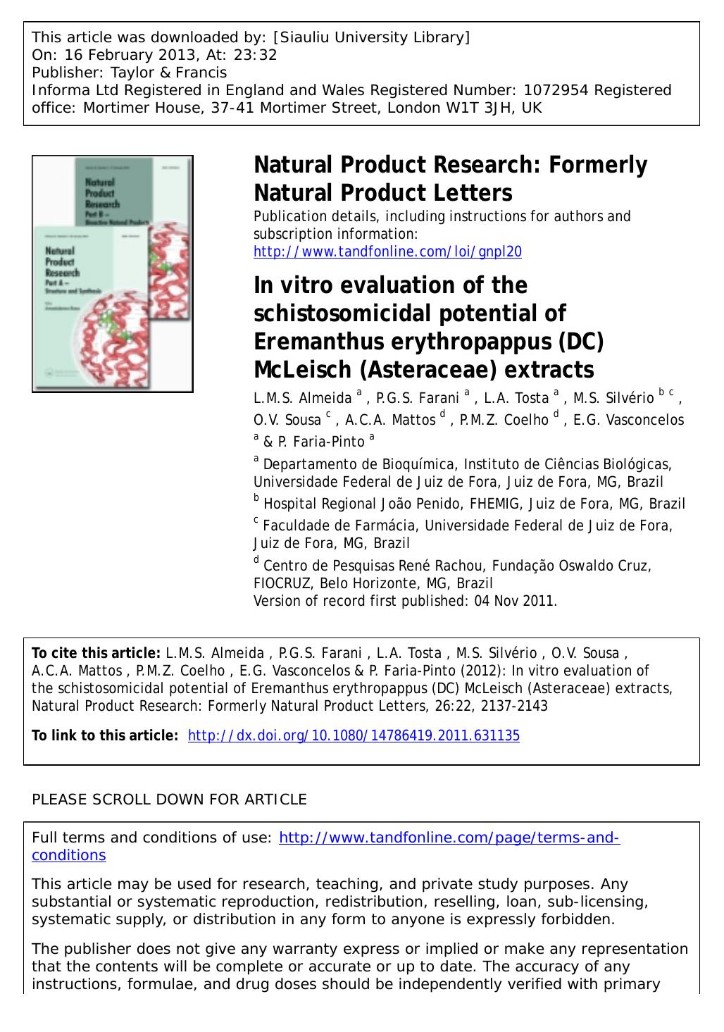 InÂ vitro evaluation of the schistosomicidal potential of Eremanthus erythropappus (DC) McLeisch (Asteraceae) extracts by unknow
