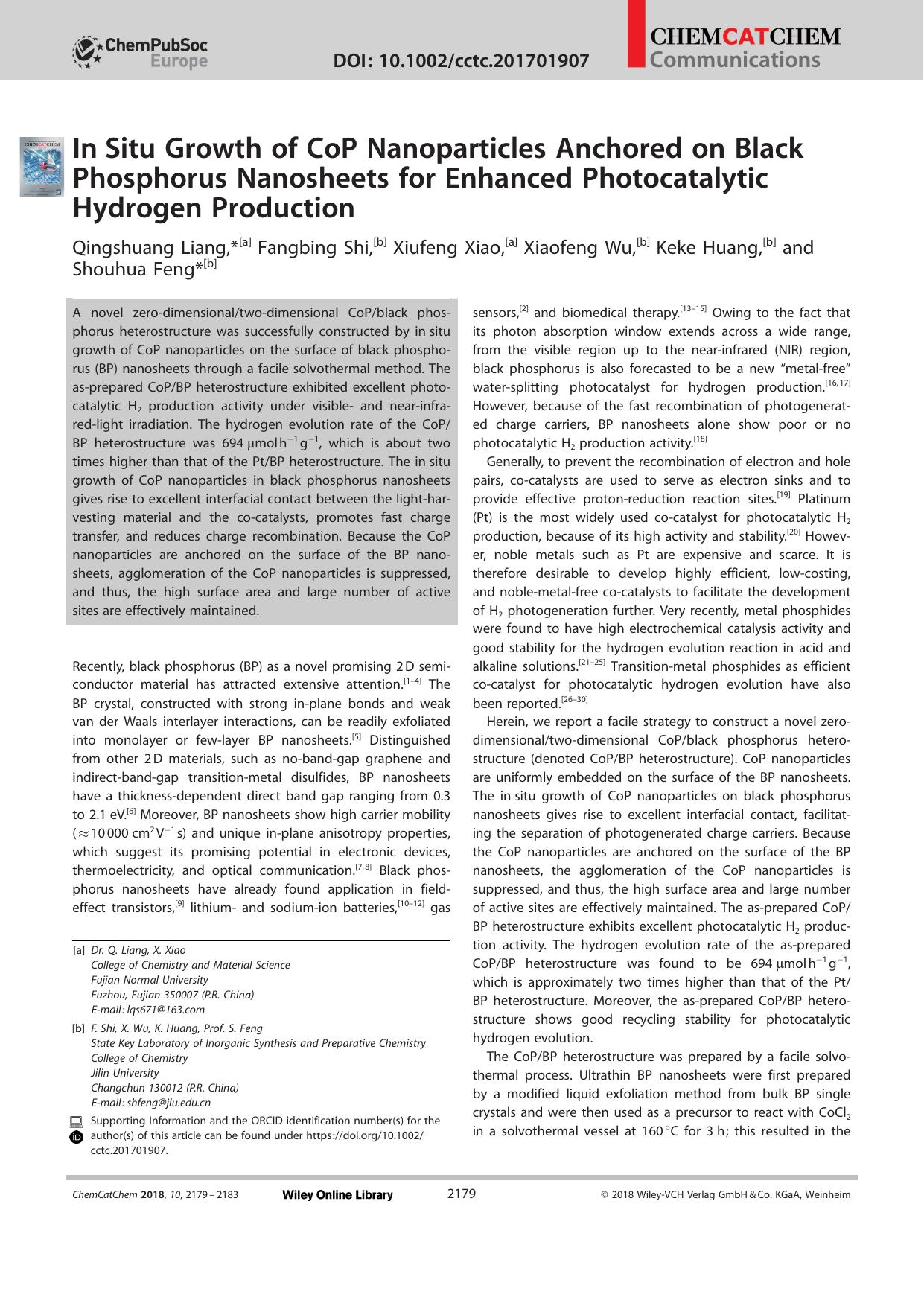 InâSitu Growth of CoP Nanoparticles Anchored on Black Phosphorus Nanosheets for Enhanced Photocatalytic Hydrogen Production by Unknown